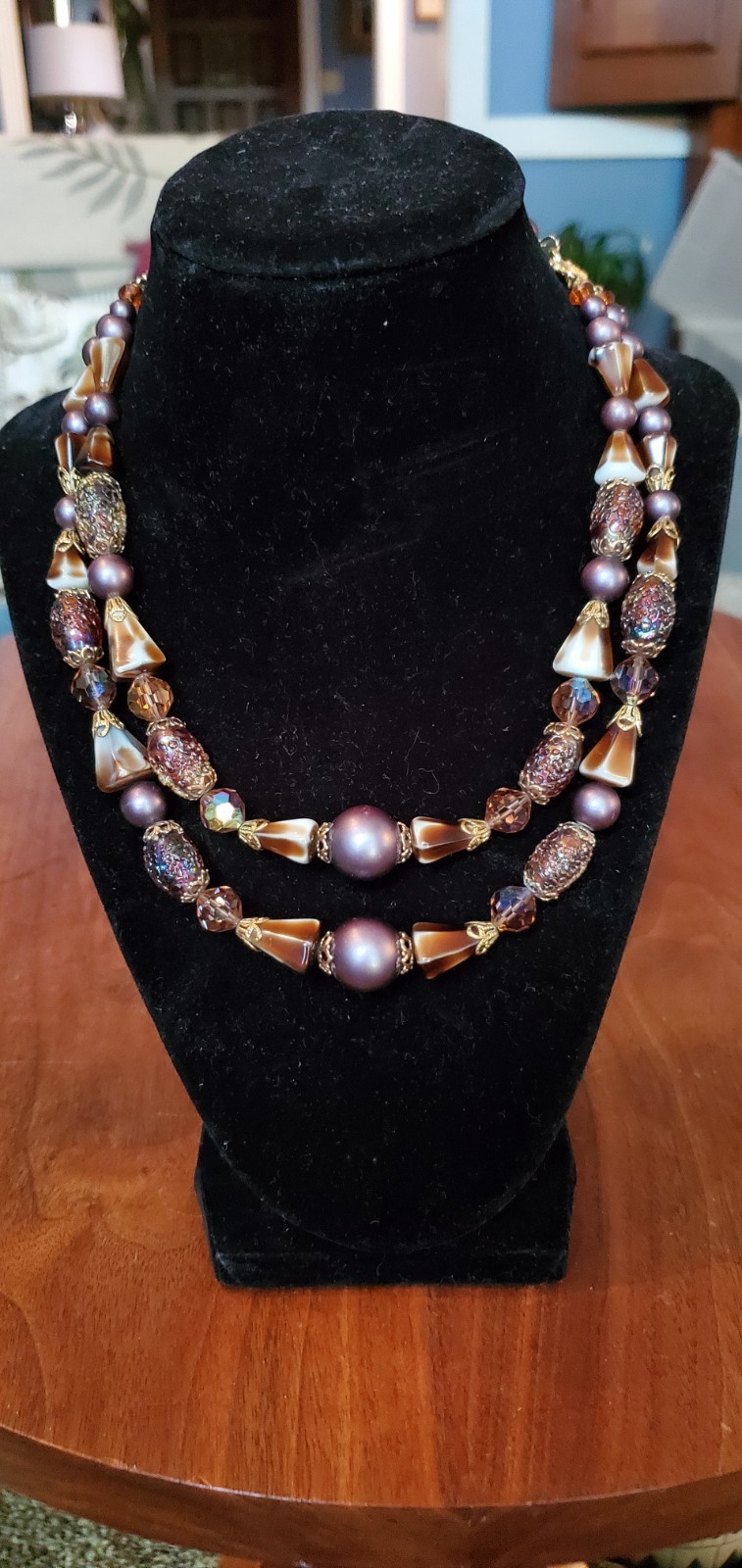 Vtg ART Arthur Pepper Double Strand Venetian Purple Crystal Gold Tone Necklace