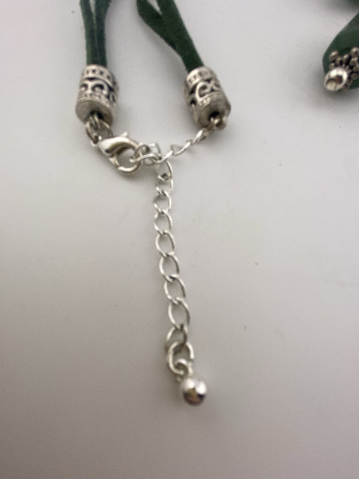 Mod Vtg Silver & Green Semi Precious Stone Tassel Necklace W/ Double Suede Cord