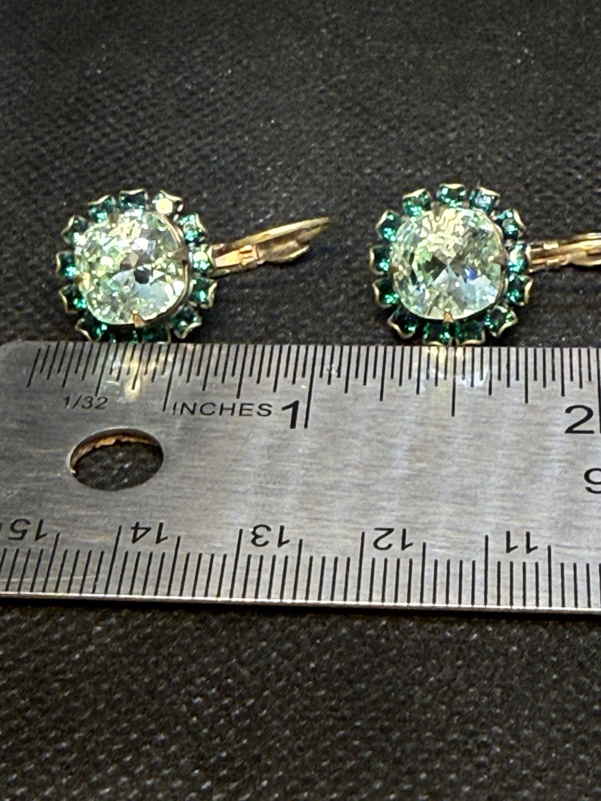 VTG LIZ PALACIOS EARRINGS LARGE lIGHT GREEN SMALL EMERALD CRYSTAL SIGNED BRASS