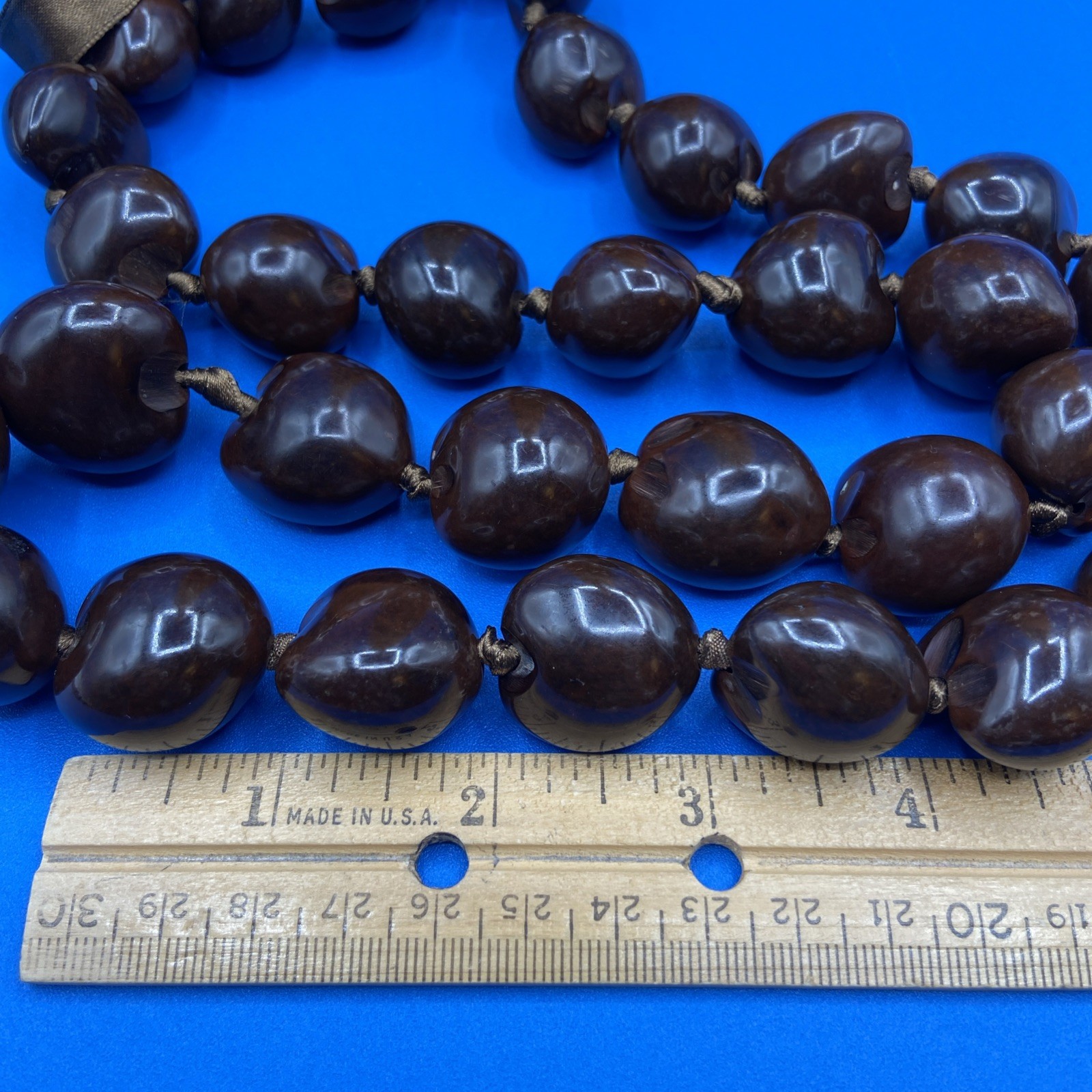 NECKLACE BRACELET vintage Set Hawaii large Kukui Nuts brown black 28″ ribbons