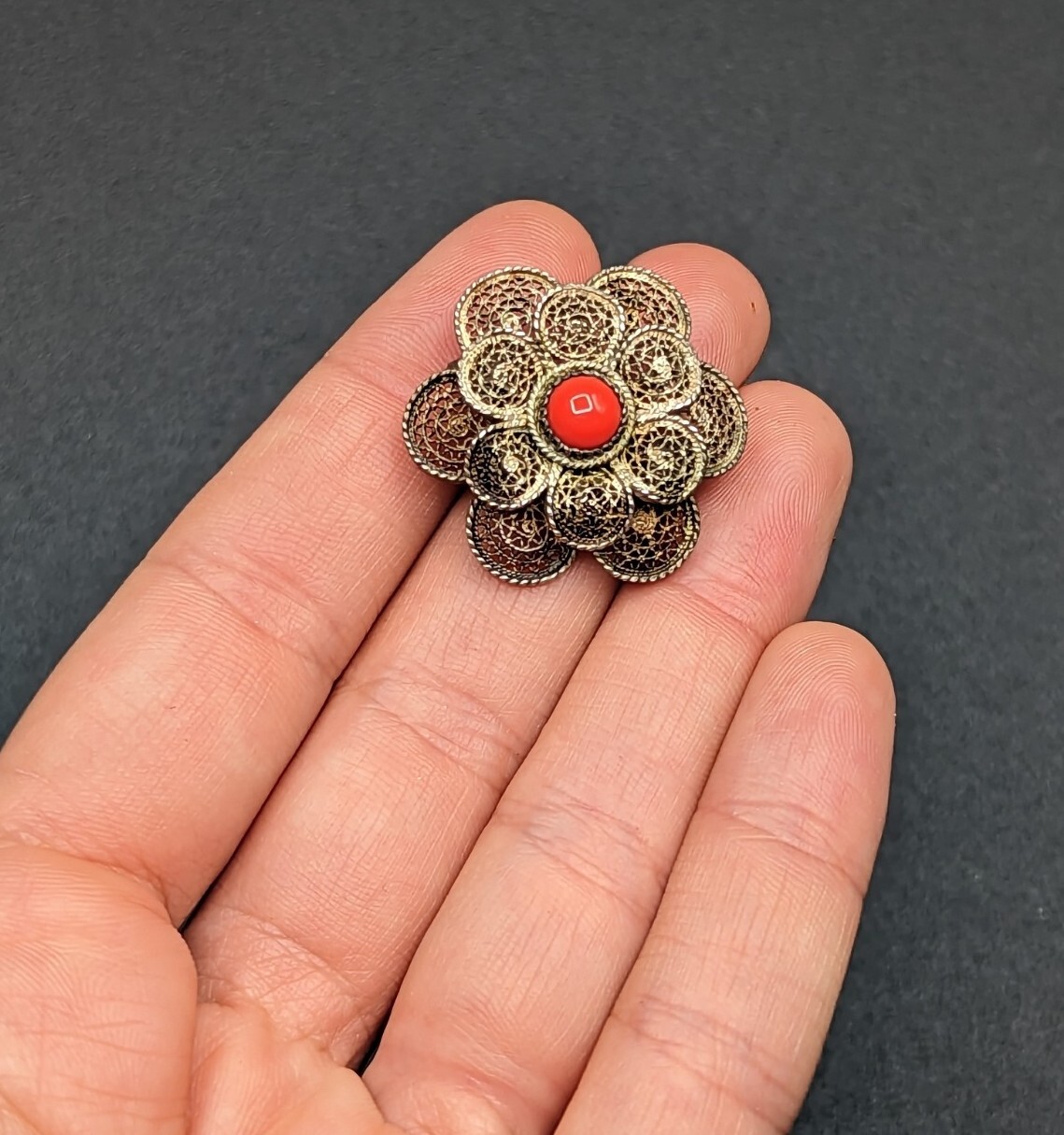 Vtg Sterling Silver Cannetille Filigree Flower Red Brooch Pin Pendant C-Clasp