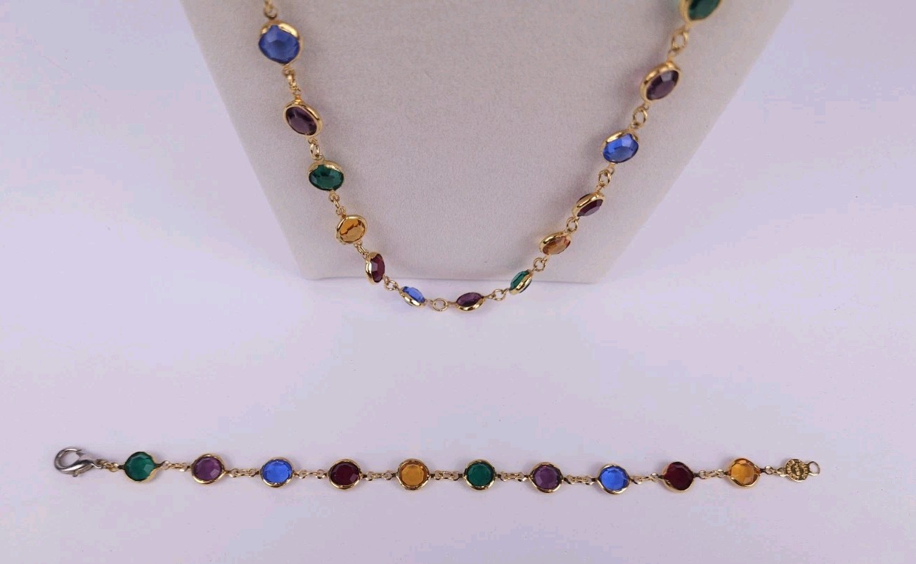 Vintage Austrian USA Colorful Crystal Goldtone Bezel Necklace Bracelet Set