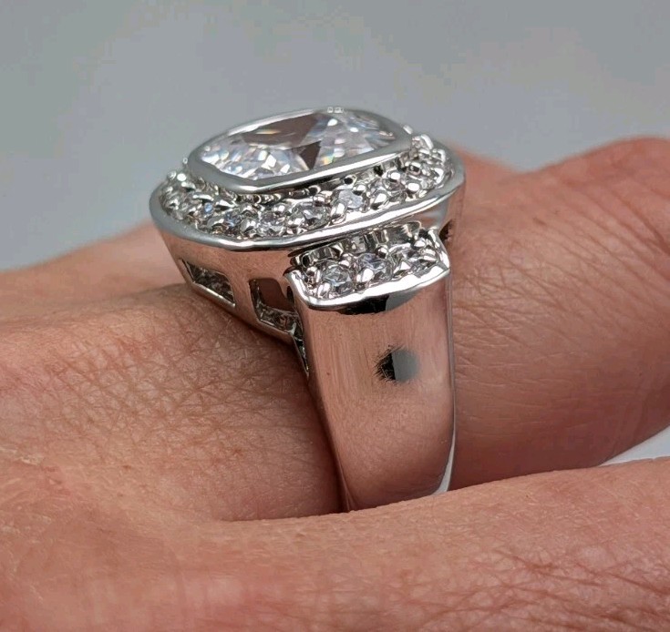 Vintage Silver Plated Cubic Zirconia Cushion Cut Halo Engagement Ring Sz 6.75