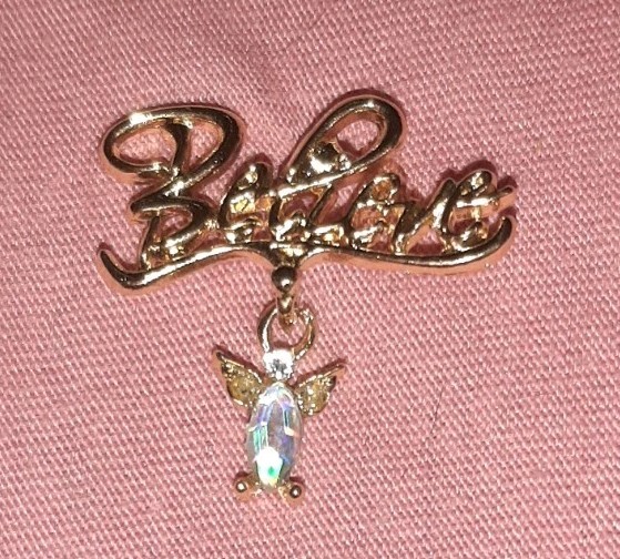 Vintage Believe Gold Tone Script With Dangle Rhinestone Angel Lapel Pin
