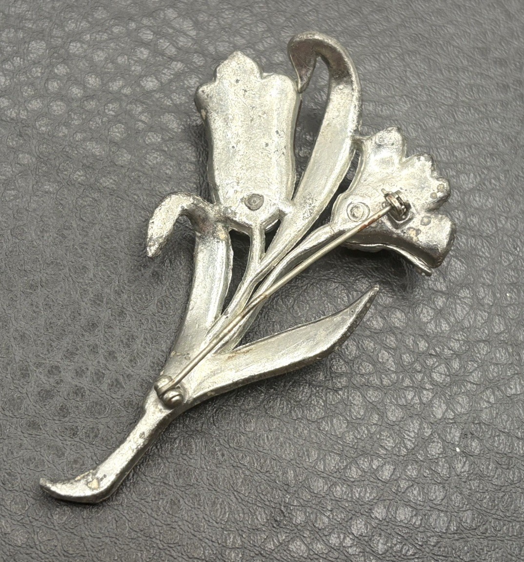 Large Figural Double Flower Brooch Enameled & Rhinestone Vintage Pot Metal