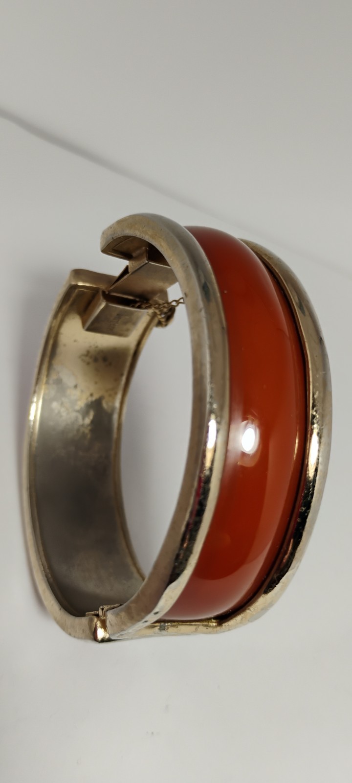 bergere goldtone hinge cuff bracelet inlaid w/soft redish brown material-nd6
