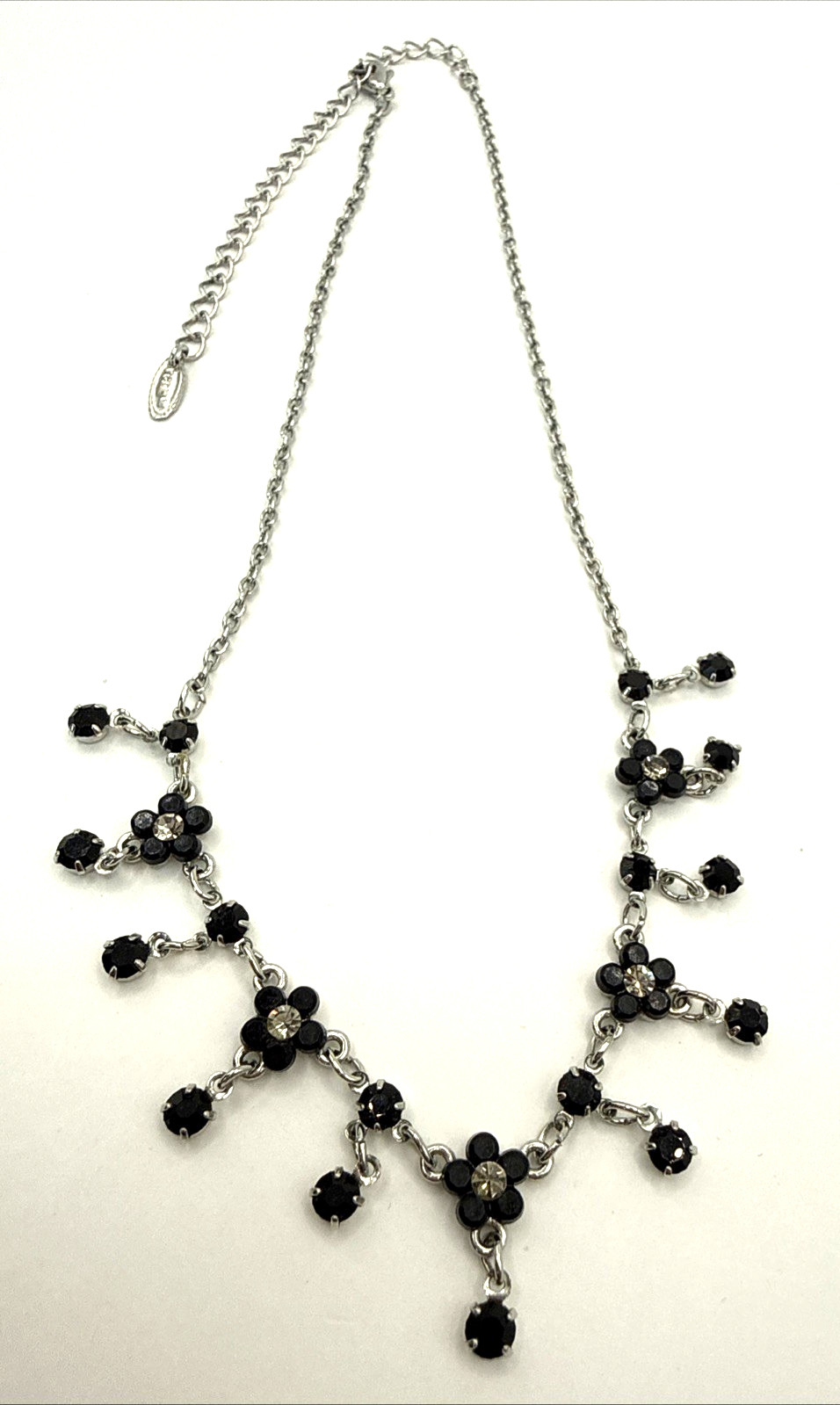 VCLM Dainty Art Deco Necklace Floral Design Black Clear Rhinestones Silver Tone