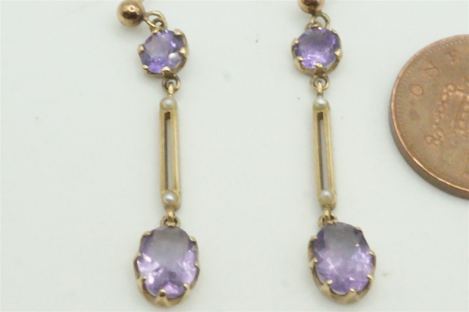 ANTIQUE ENGLISH 9 CARAT GOLD AMETHYST & PEARL DROP EARRINGS c1900
