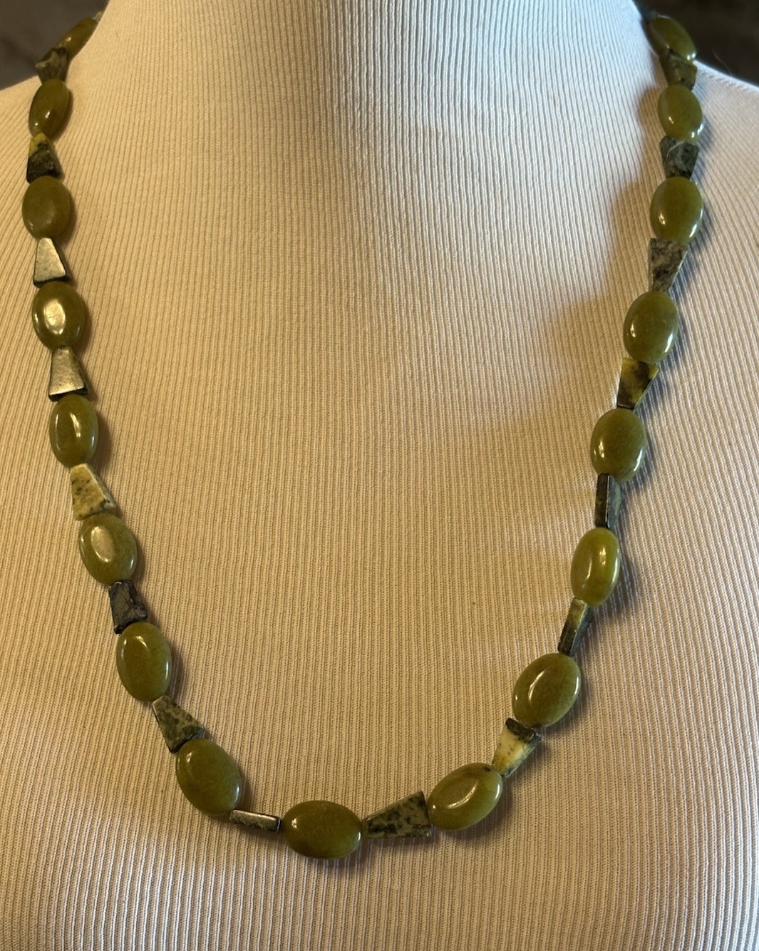 Green Serpentine All Natural Stone Necklace 26” & Triangular Stone Discs Boho