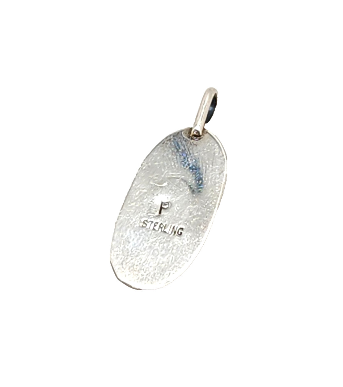 Sterling Silver Coral Cabochon Oval Shadowbox Pendant, Signed P, 1 1/8″ Tall