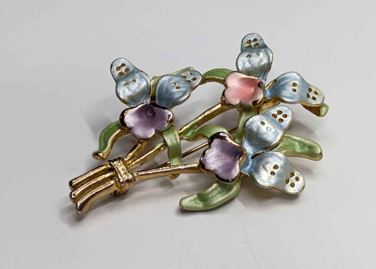 VTG Pink Purple Blue Enamel Orchid Flower Gold Tone Bouquet Brooch Pin 2.25″