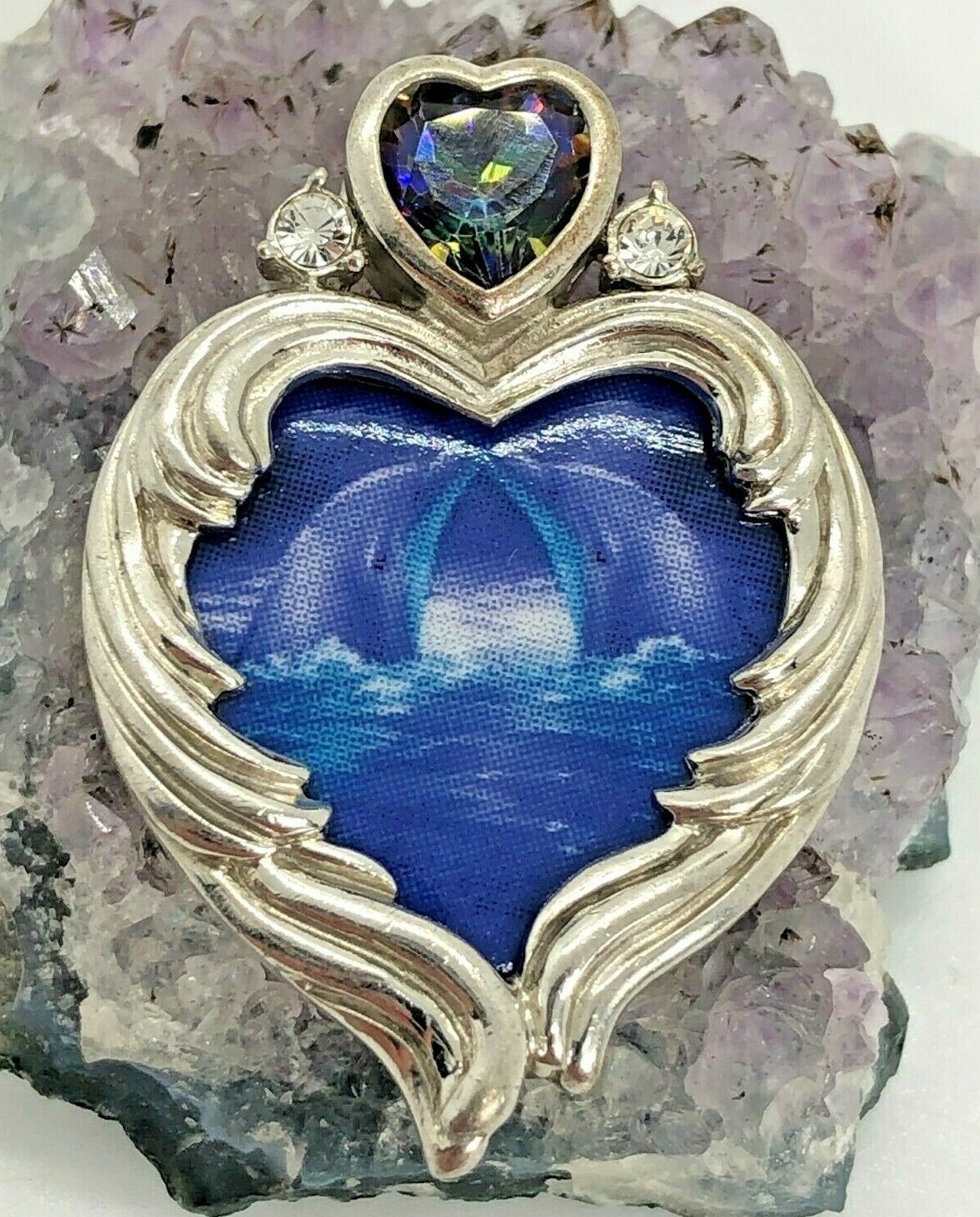 BGE Sterling Silver 7mm Mystic Topaz Kissing Dolphins Heart Pendant 8.4 Grams