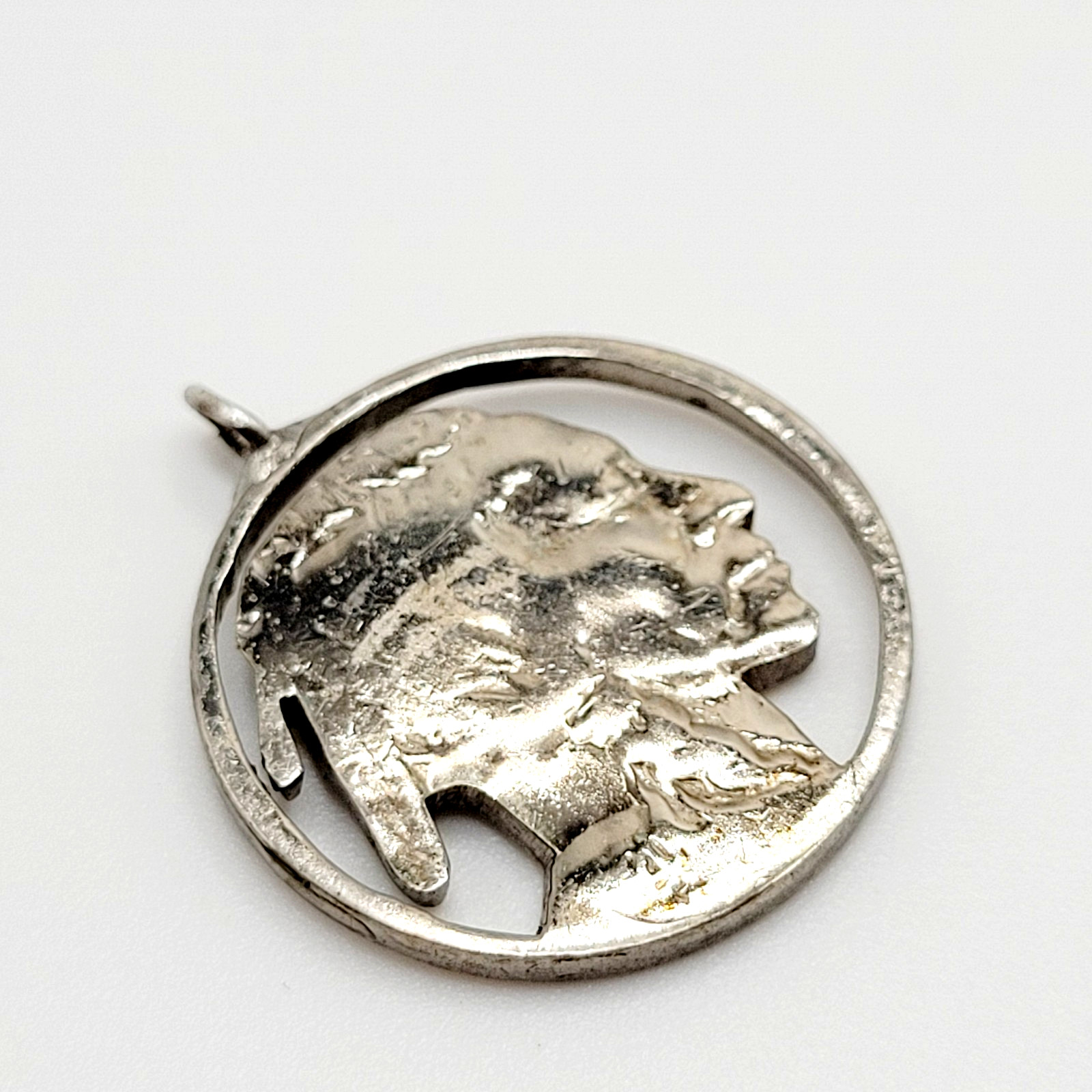 Shiny Buffalo Indian Nickel Silver Tone Cut Coin Pendant Cracked Bail For Repair