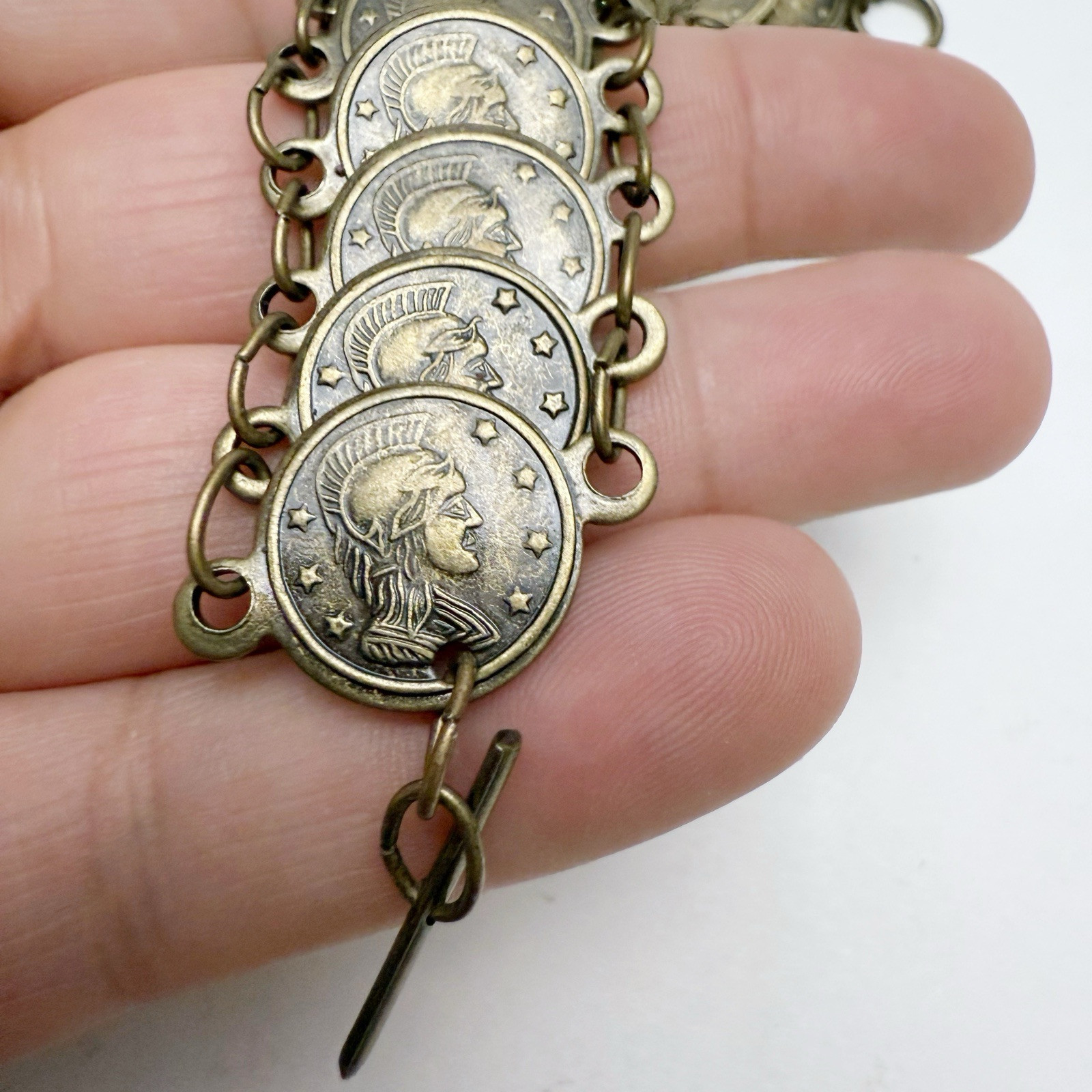 Vintage Tarazzia Roman Coin Medallion Charm Link Chain Toggle Bracelet