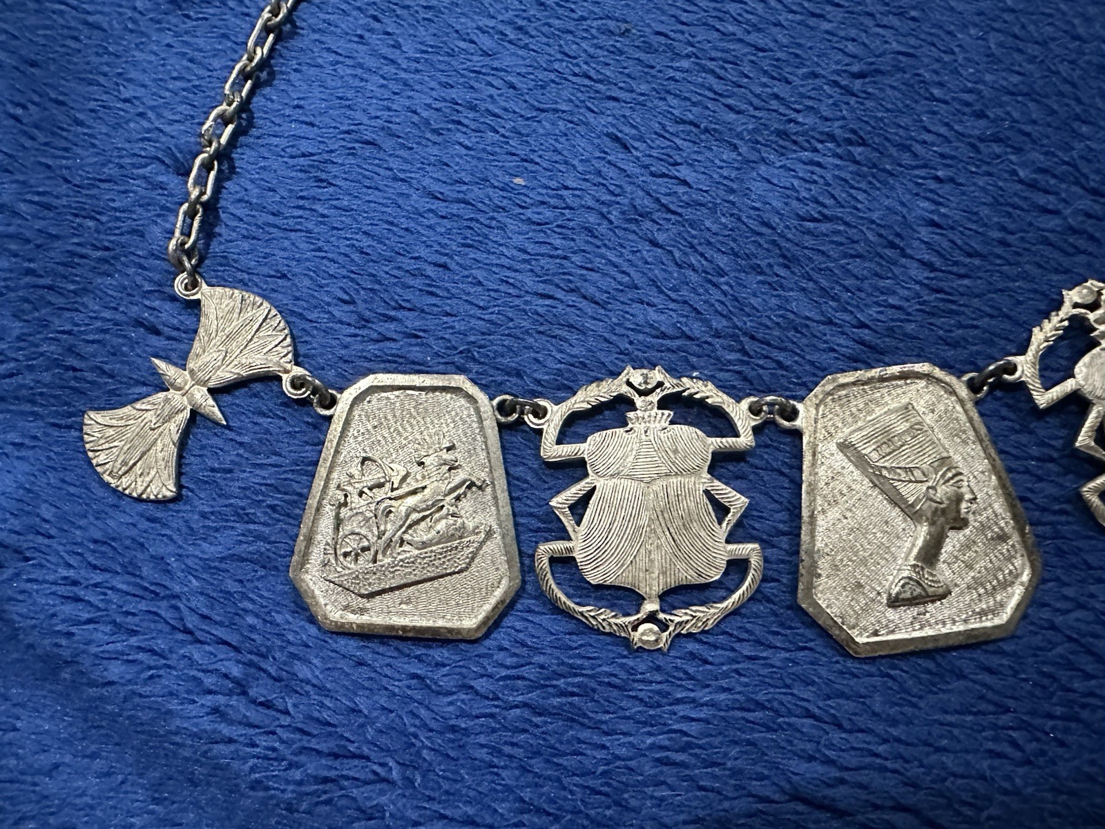 Vintage 900 Silver Egyptian Revival Panel Choker Necklace, 16.5in Long