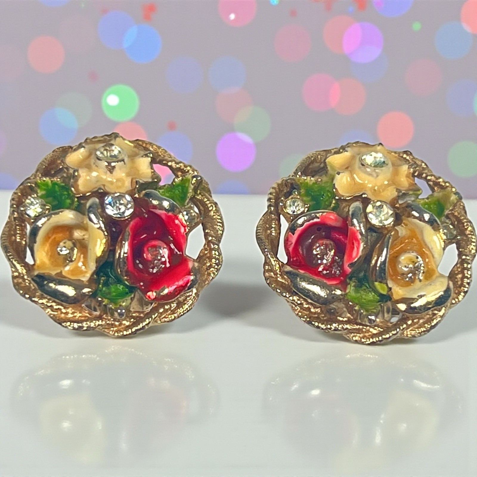 BSK My Fair Lady Earrings Enamel Rhinestone Gold Finish Vintage