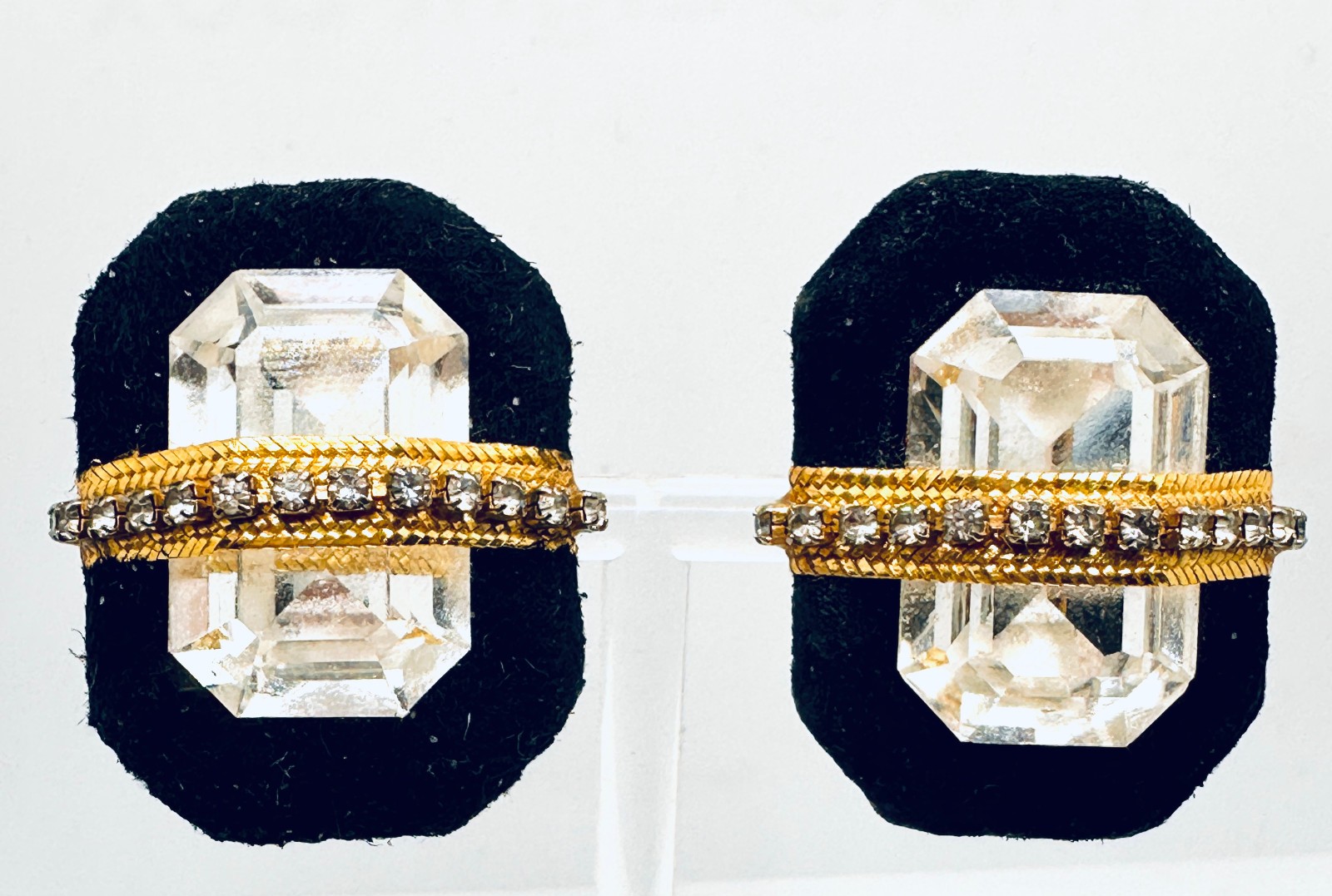 Lot 2 Vtg Chunky Black & Gold Tone Rhinestone Clip Earrings Swedged, Leather 80s