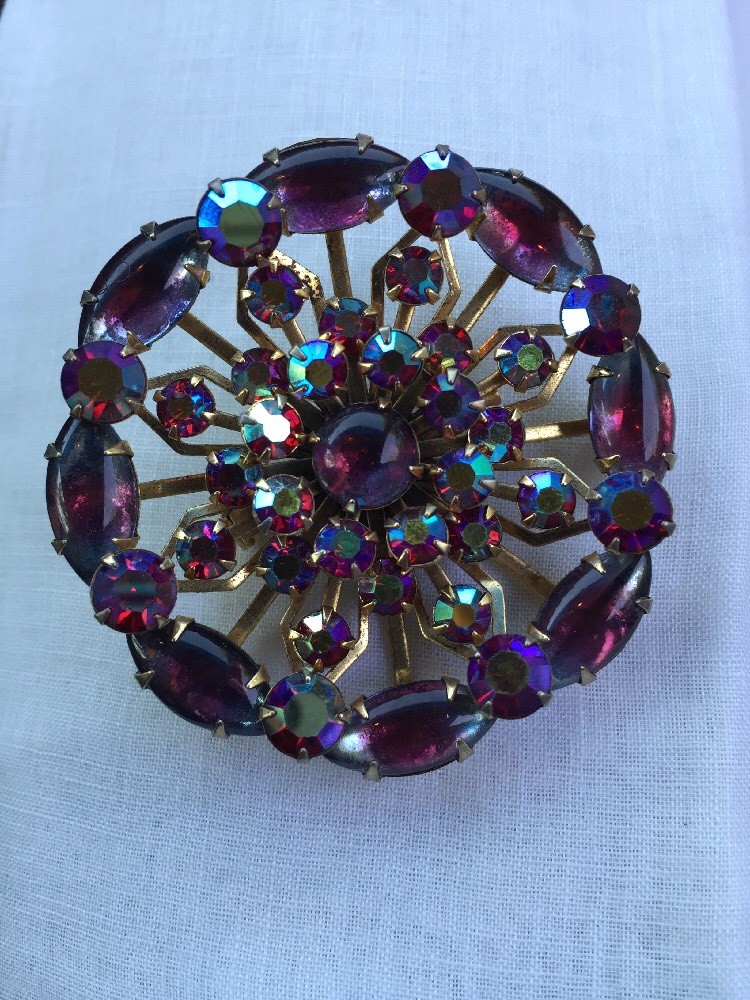 Vtg 60s pin rhinestone Red Purple Iridescent GoldTone Marquis Round Stones 2”