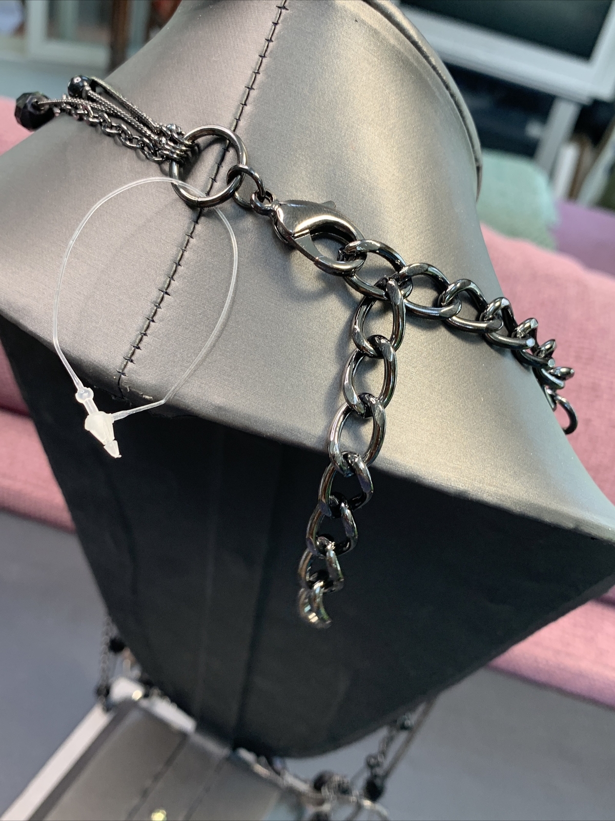 Black beaded long sweater necklace gunmetal gray￼necklace 40” 4 Strand