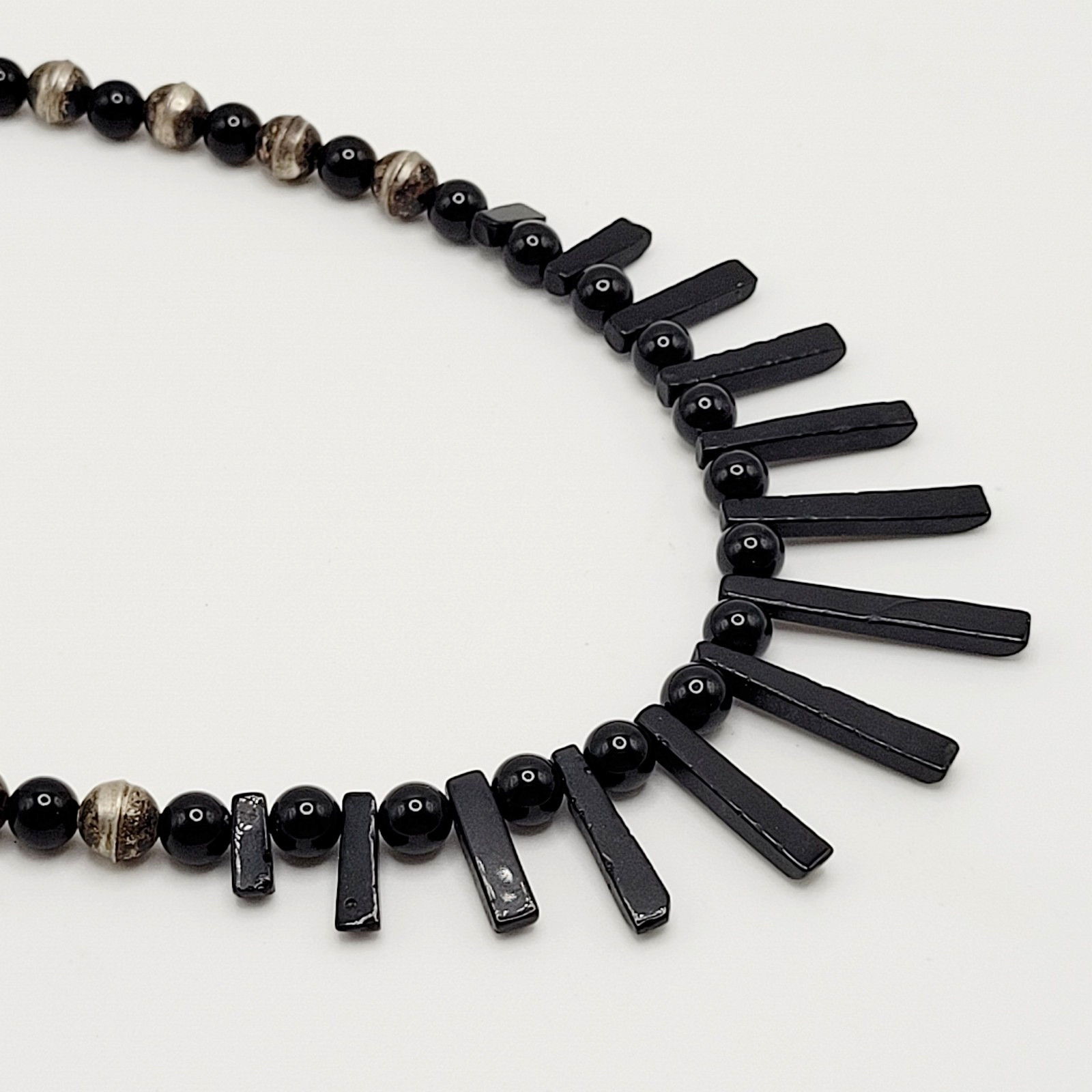 Southwestern Artisan Black Onyx Silver Tone Bead Bib Fringe Vtg Necklace 18 Inch