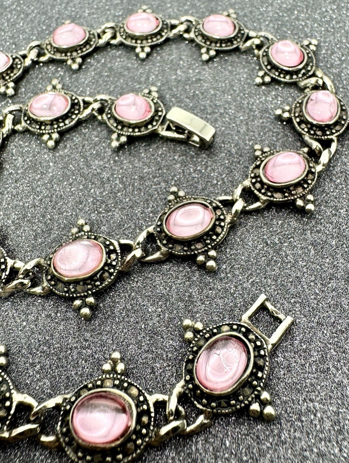 Vintage Silver Beaded & Marcasite Collar Necklace, Bezel Set With Pink Cabochons