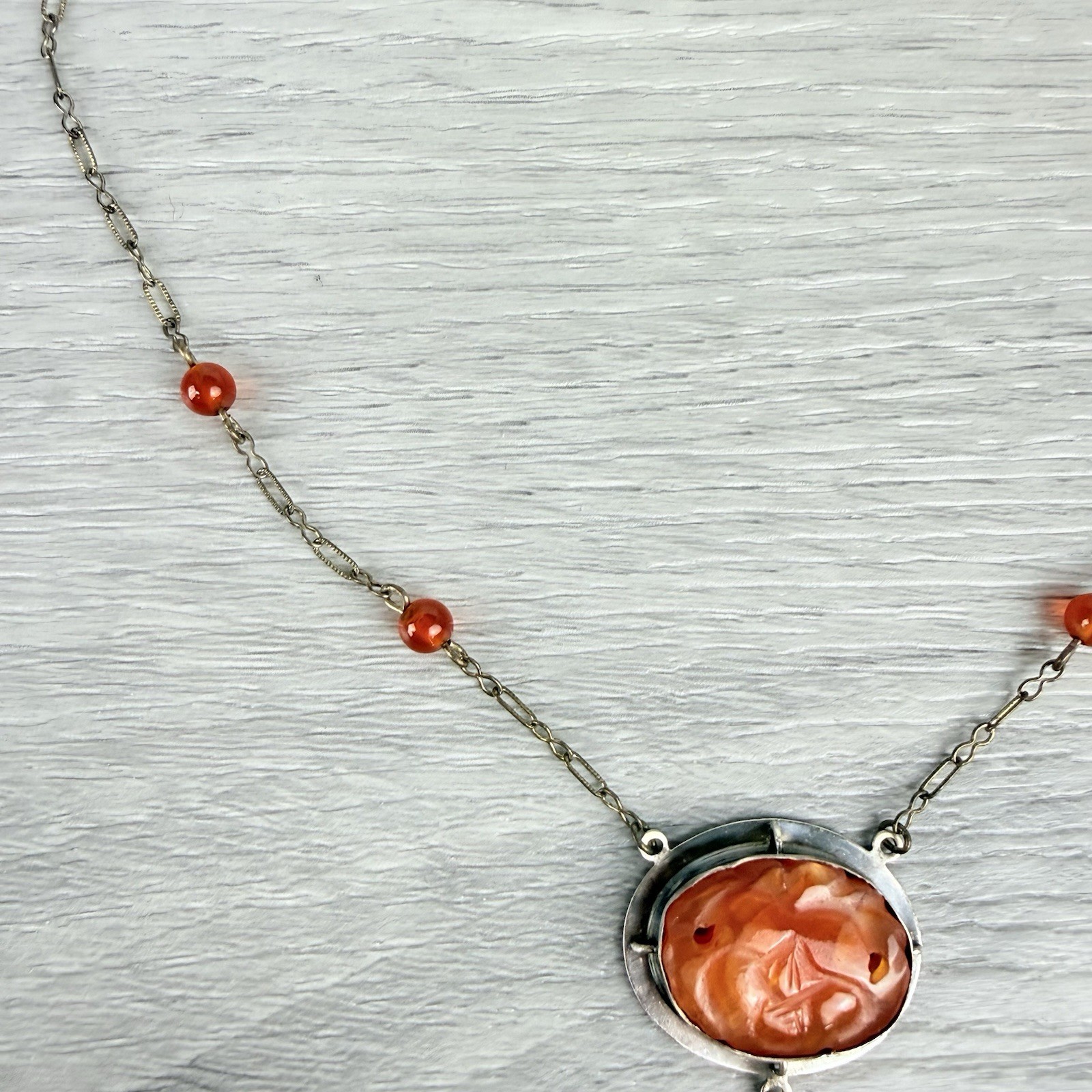 Antique Vintage Carved Carnelian Silver Pendant Necklace Art Deco