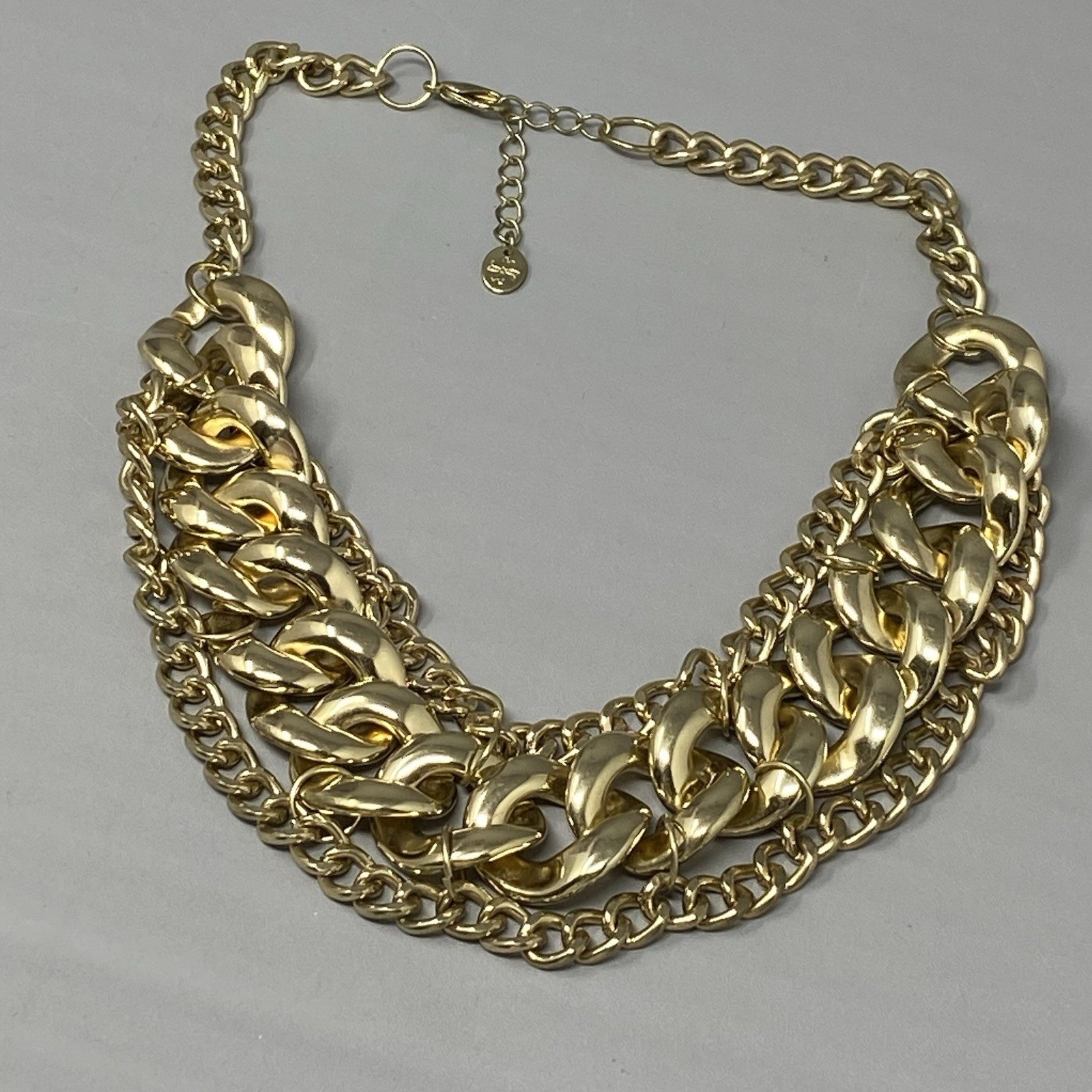 Designer Gold Tone Bib Chain Necklace Lightweight Curb Link Statement Collar 17″