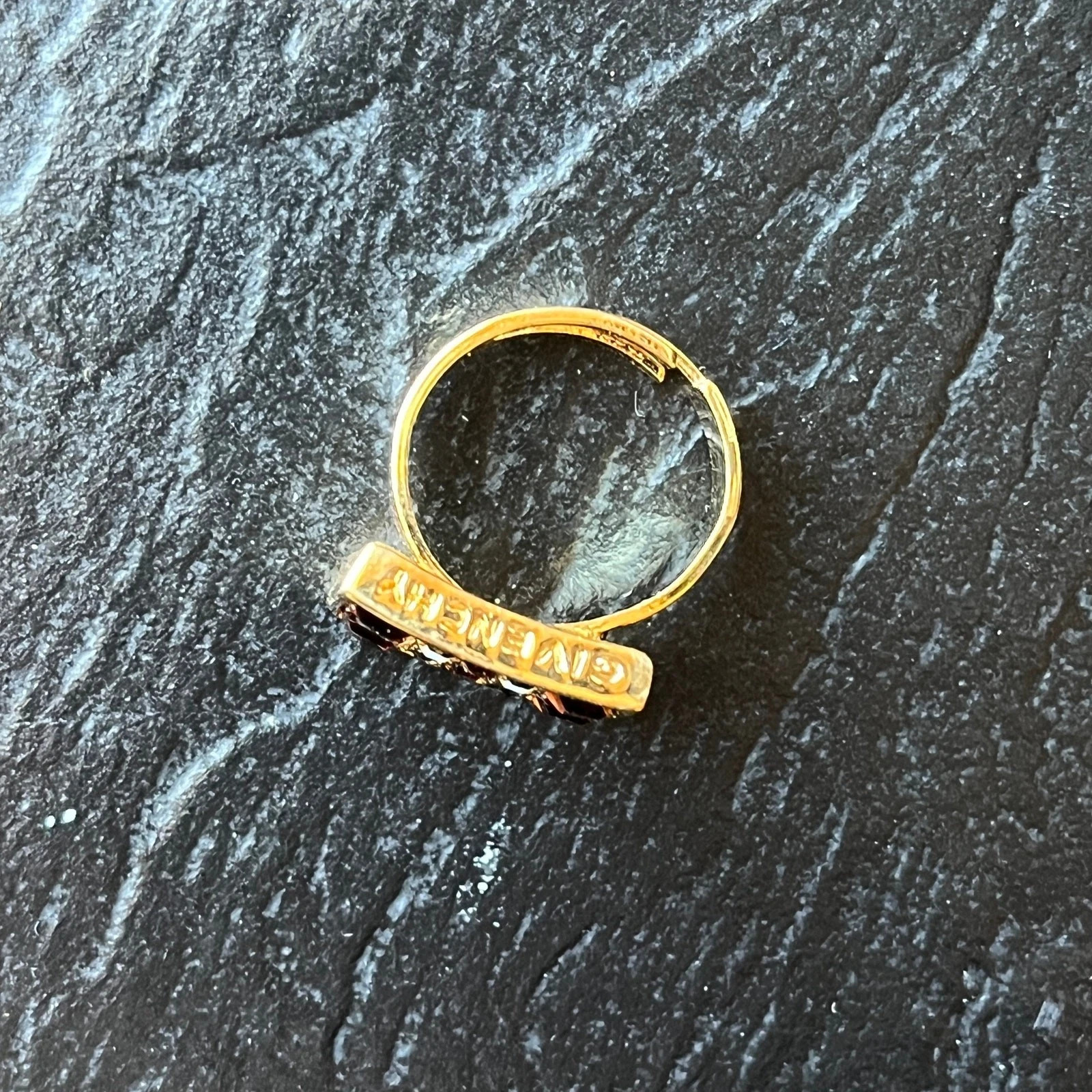 Vintage GIVENCHY Gold Tone Rectangular Ring with White and Amber Rhinestones
