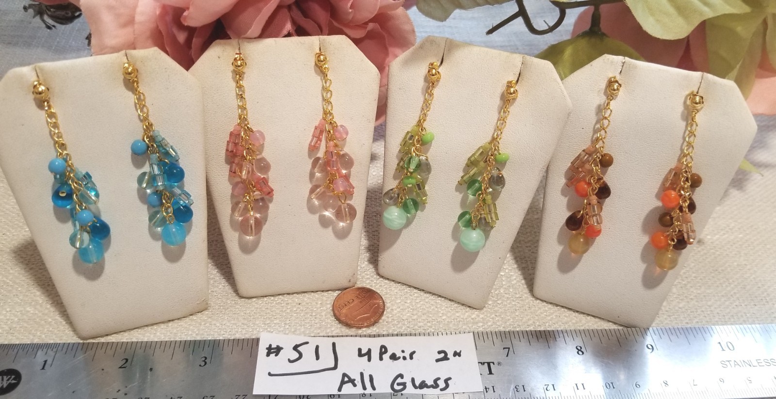 4 pair Gorgeous Lot Dangle Drop Pierced Post Earrings Made w Czech Glass Beads