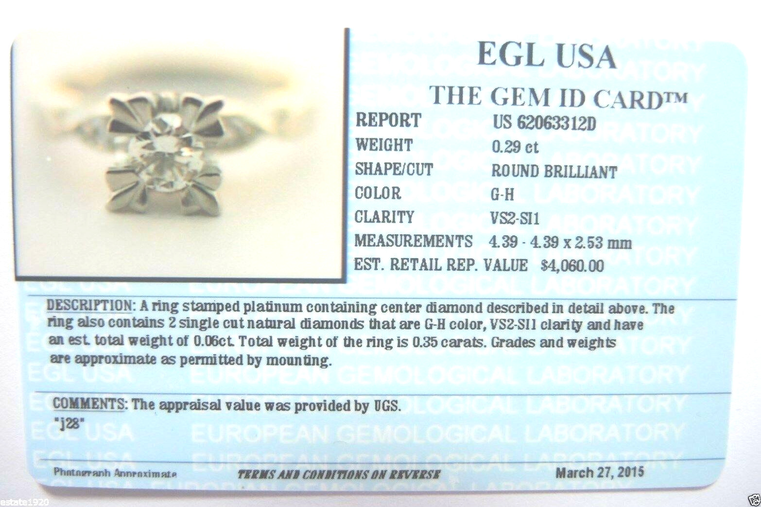 Antique Art Deco Diamond Engagement Platinum Ring Size 4.75 UK-J EGL USA