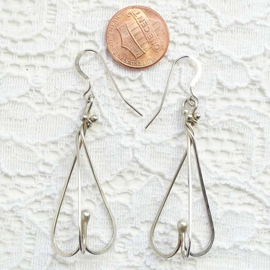 Vintage Modernist Pierced Drop Dangle Earrings Sterling Silver Wire Dimensional