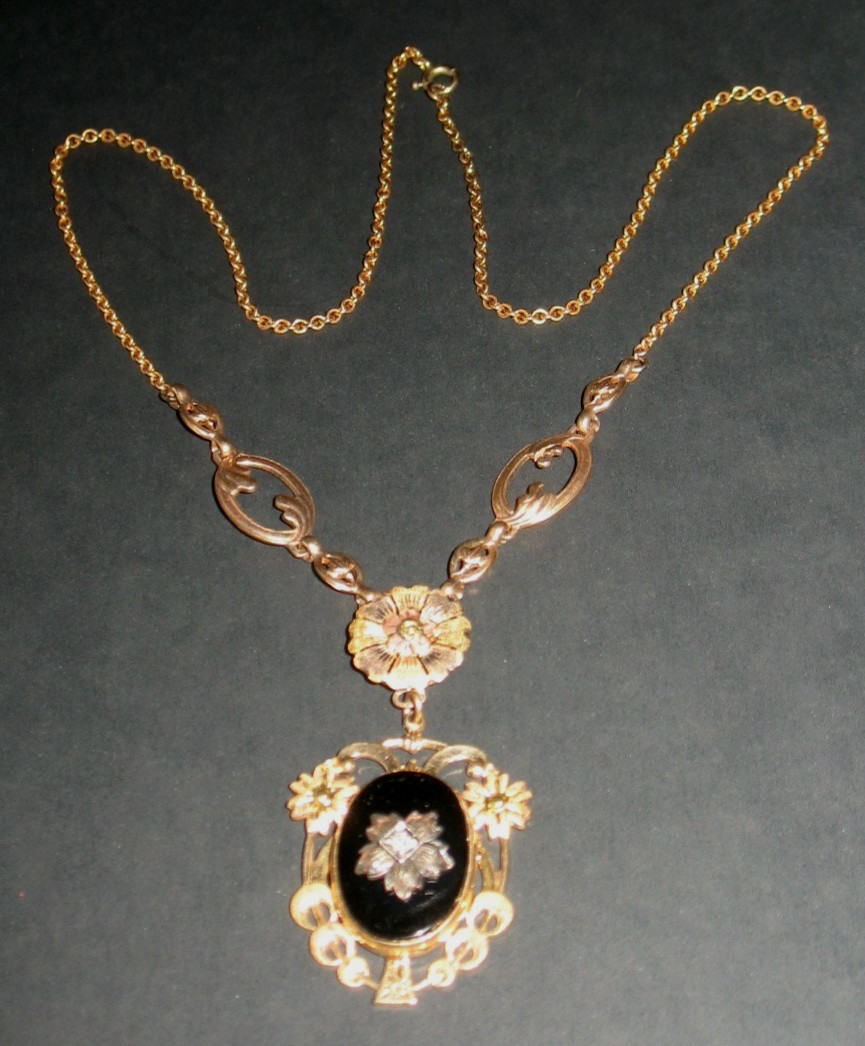 Fabulous Victorian 10k 2 Color Gold Necklace W/Gemstone Black Onyx 12″ Chain