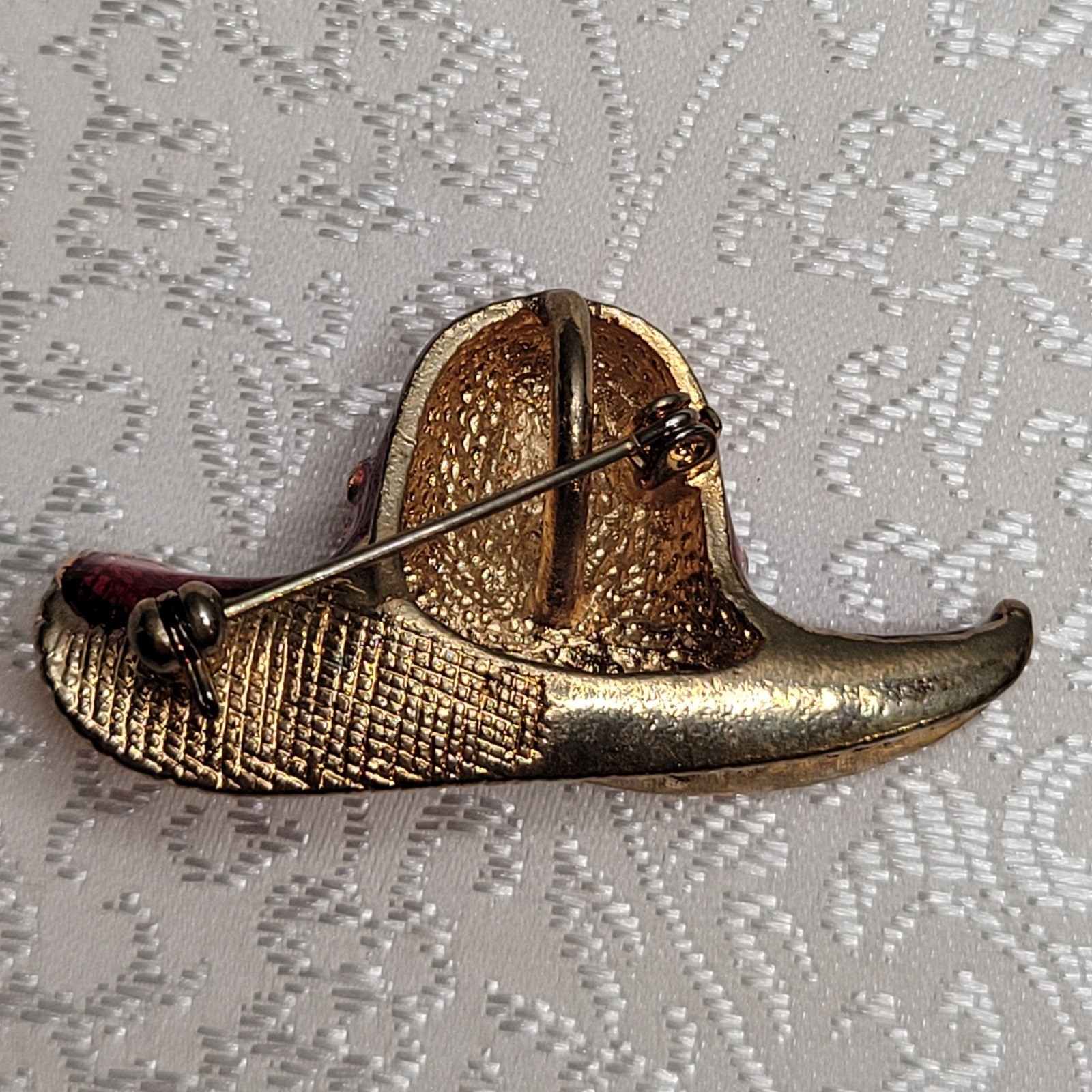 Vintage Gold Ruby Red Hat Society Brooch Enamel Floral Pendant Gift
