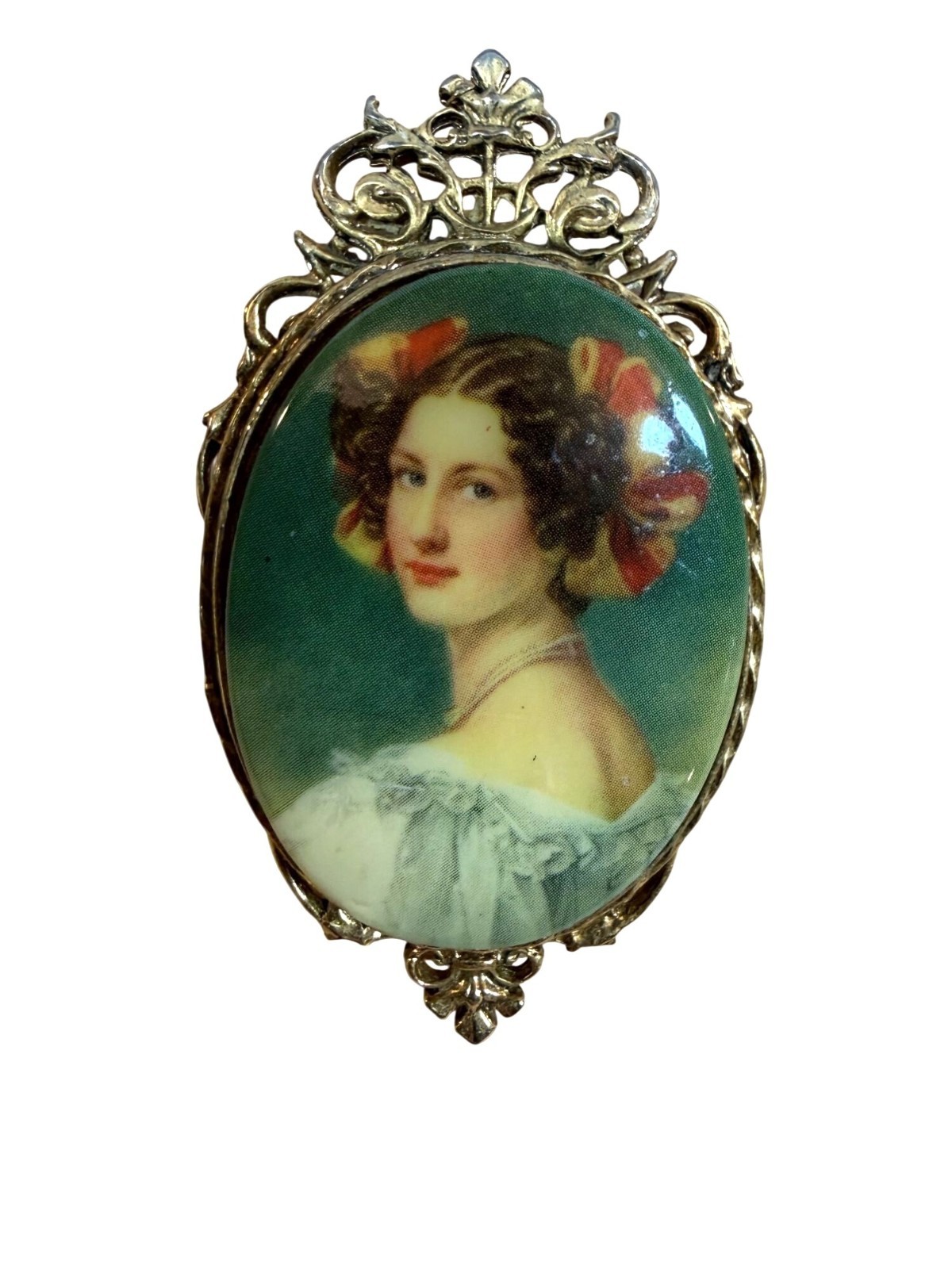 Vintage ART Portrait Brooch Gold-Tone Frame With Victorian Lady Design Oval Pin