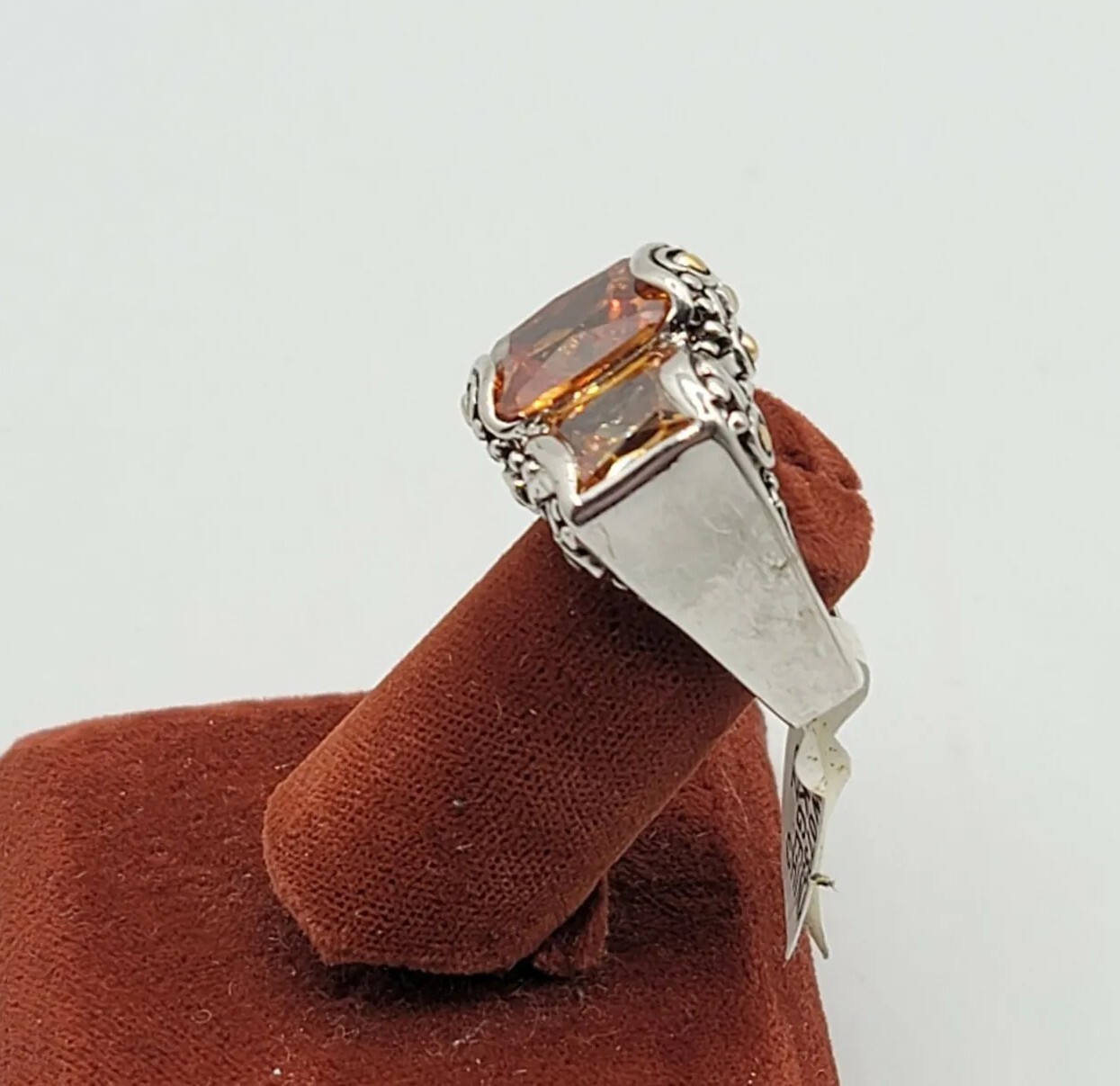 Vtg Ring Sz 7 Lg Topaz Citrine Amber Cubic Zirconia Statement Fashion Jewelry