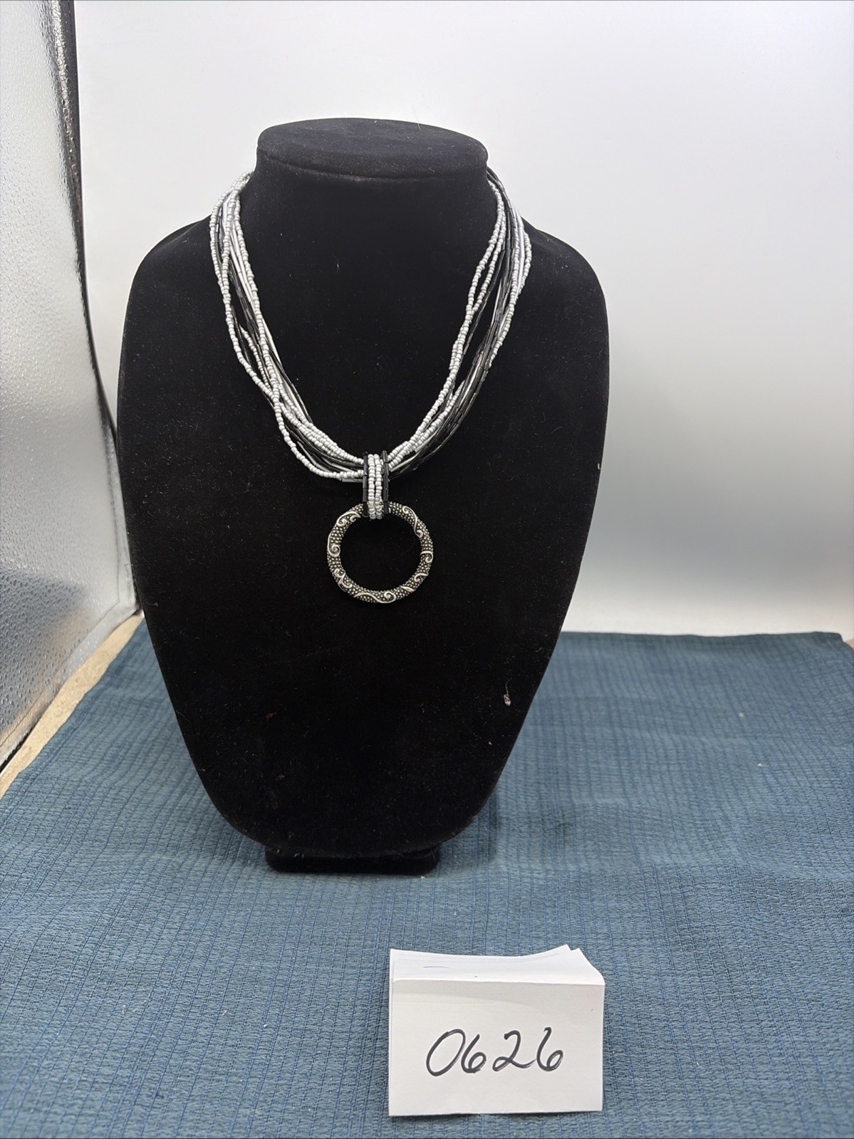 Vintage Coldwater Creek 1980s-90s Beaded 12 Strand Necklace Textured Pendant 18”