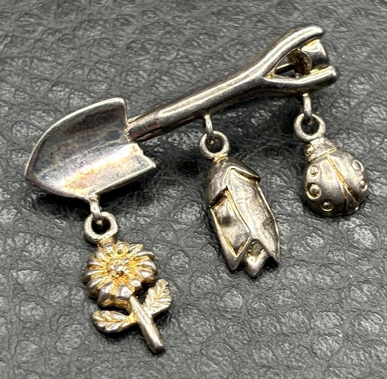 VTG Sterling Silver Garden Tool LADYBUG SHOVEL Sunflower Dangle Charm Brooch