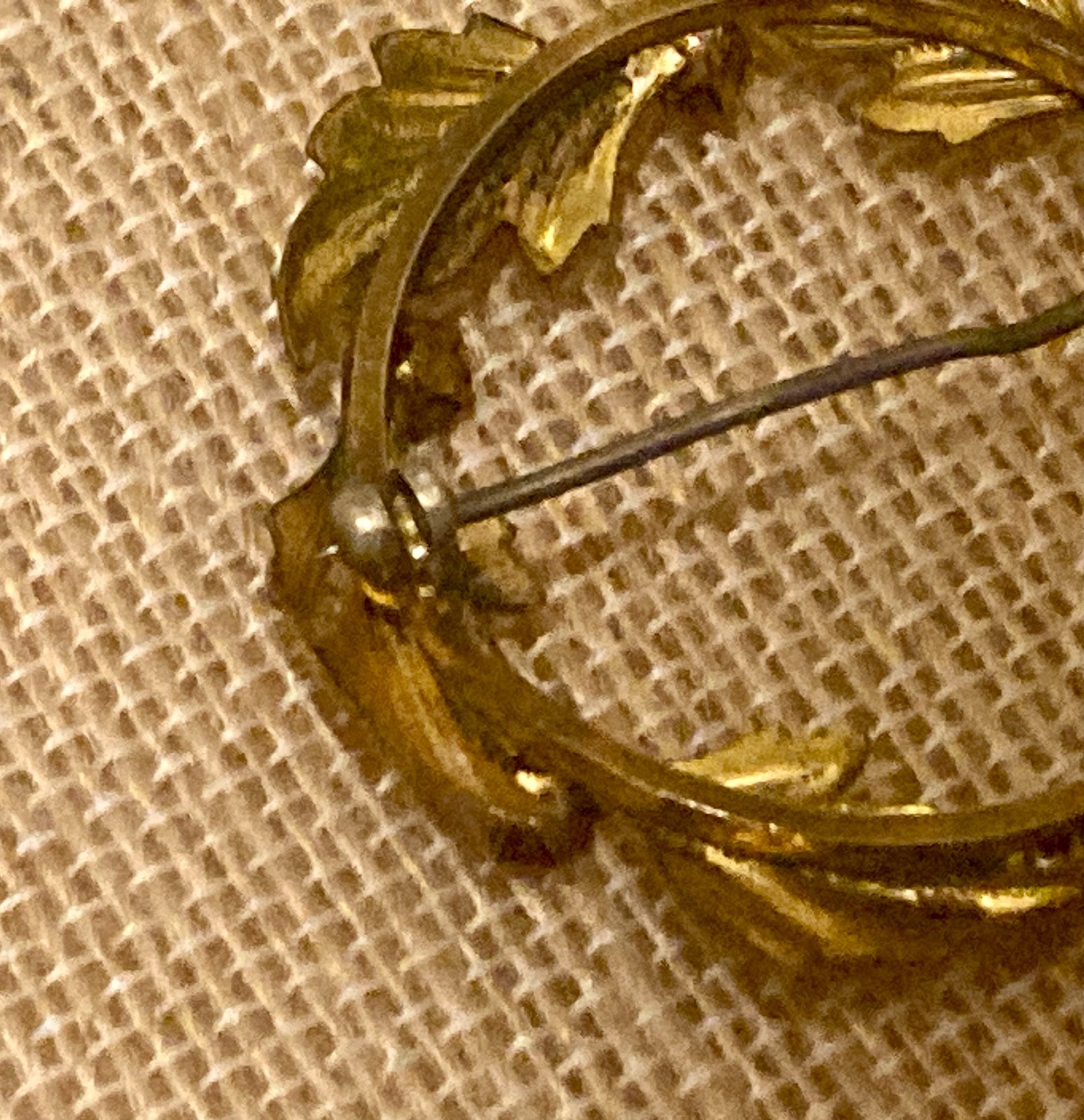 Vintage Gold Filled Brooch Leaf Wreath Red Rhinestone Signed CT
