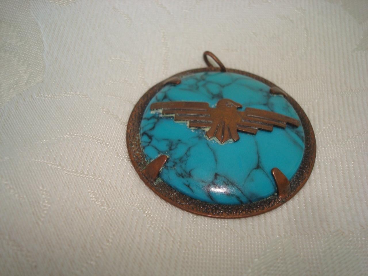 Vintage Copper by Bell Faux Turquoise Pendant With Thunderbird 1 3/4 In. KJ