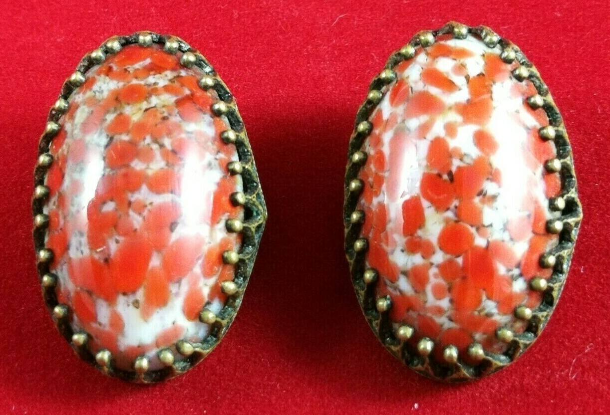 Vintage Czech Earrings Red Art Deco Glass Crystals Bohemian Art Glass Cabochon
