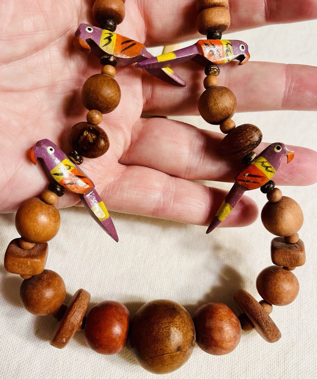 Vintage Lot of 2 Statement Necklaces Wood Hand Painted Parrots & Ceramic Cube