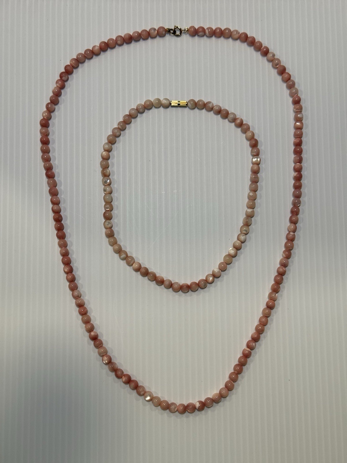 Vintage Pink Agate Bead Necklace Set 2pc Natural Stone 30in & 16.5in