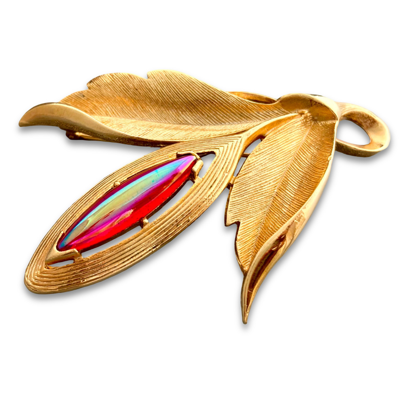 Vintage 1960s Unsigned Wheat Flower Leaf Red Iridescent Art Glass Figural Brooch