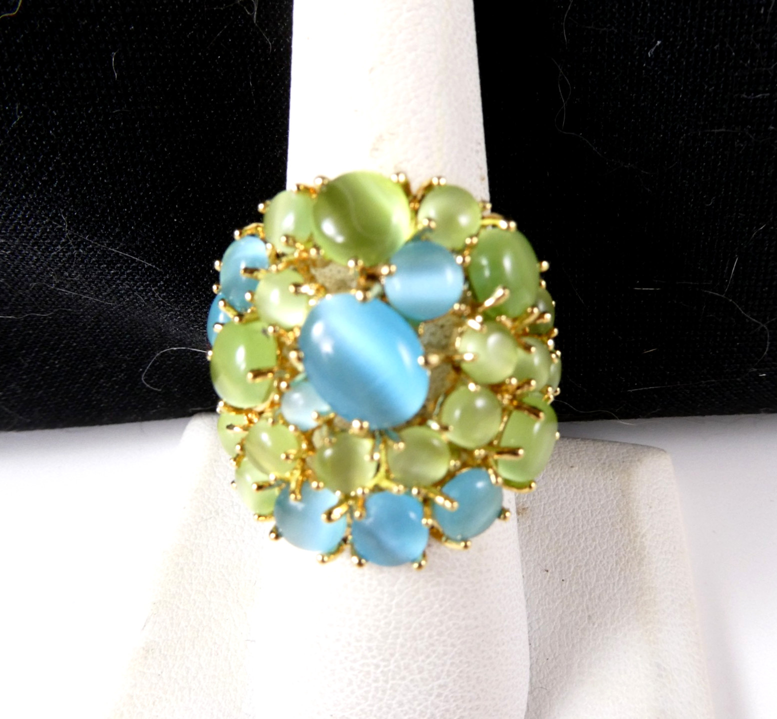 Pretty Blue & Lime Green Cocktail Ring Size 8 Moonstone Cabochons Gold Tone