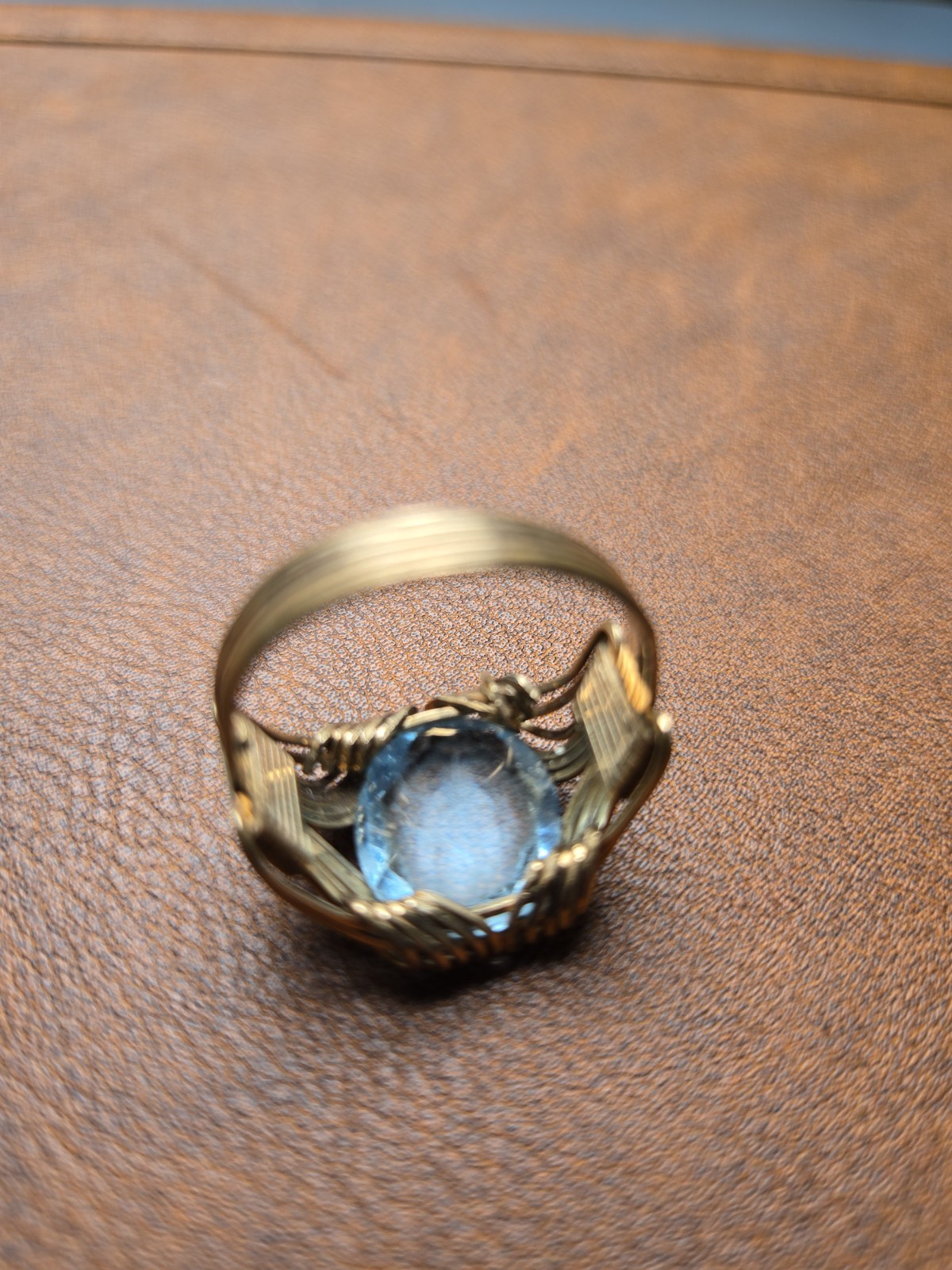 Art Deco Style Gold (Untested) Wire Ring Large Blue Glass Stone
