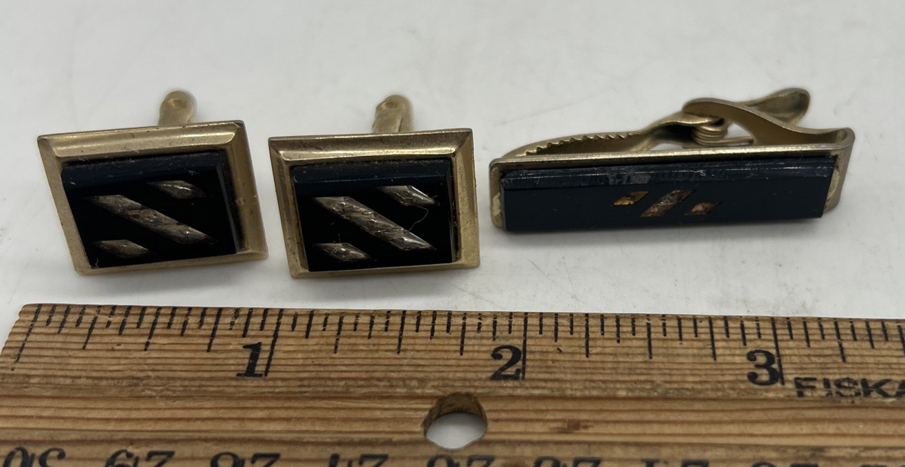 Black Glass Cuff Links & Tie Clip Diamond Accents Rectangle Bullet Shape Vintage