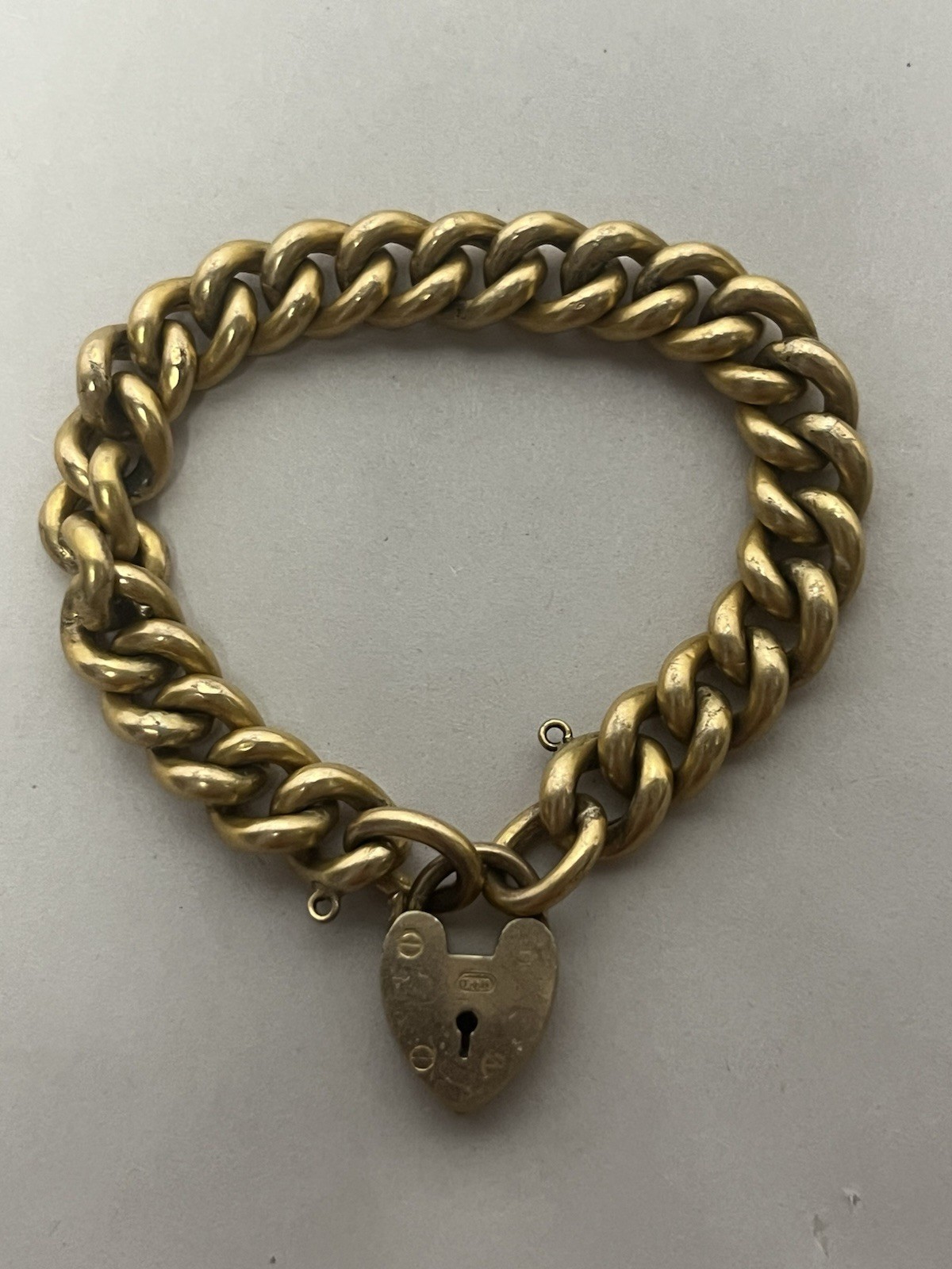 Heavy 34g Antique Victorian T*H Gold Filled Curb Link Bracelet Heart Padlock 7″
