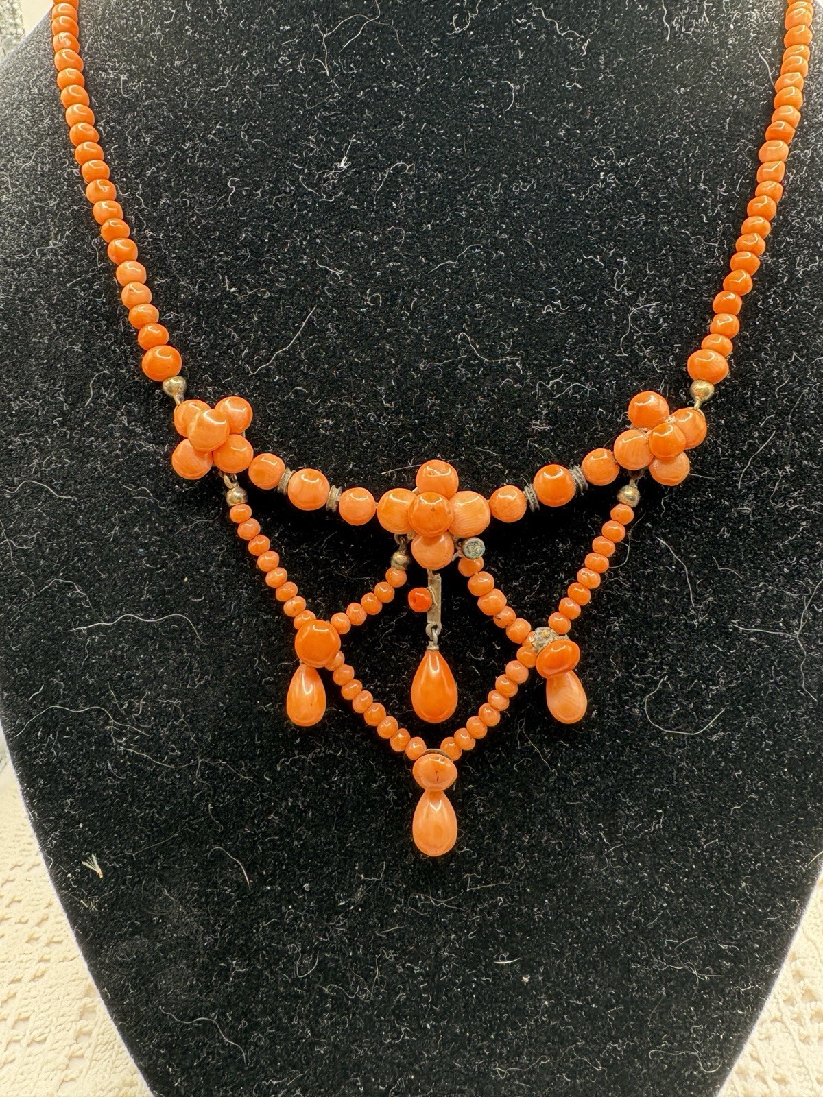 Antique Sterling Natural Mediterranean Salmon Coral Festoon Dangle Necklace 16”