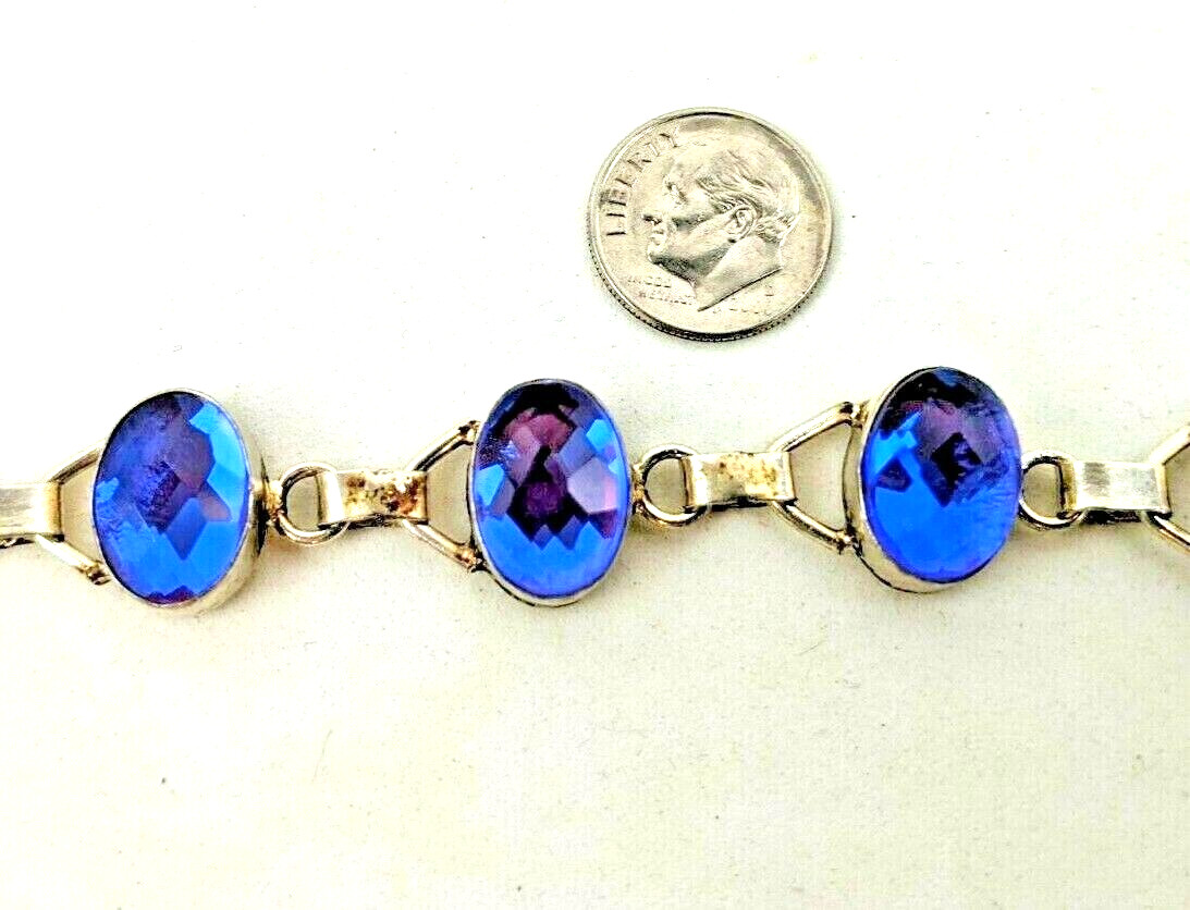 Sterling Silver Iridescent Purple Blue Faceted Stones Toggle Bracelet 7.5″ Adj