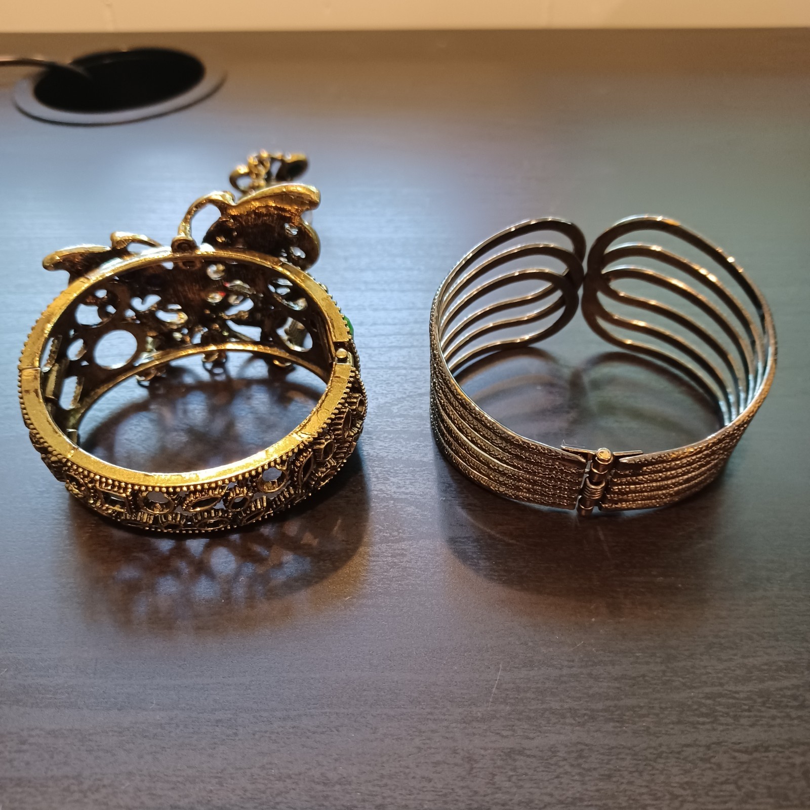 Lot of 2 Bangle Cuff Hinged Bracelets Gold Tone + Slave Style Metal Super Cute